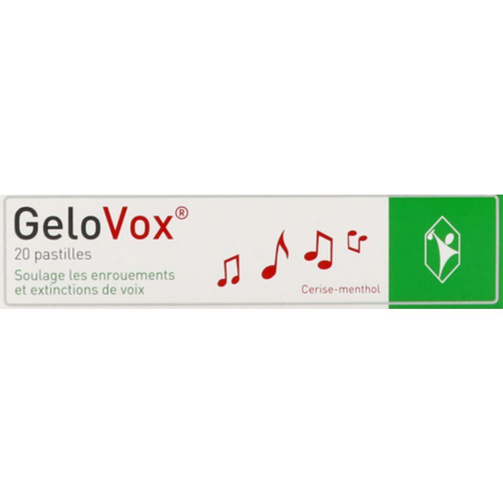 Boîte de pastilles GeloVox, 20 unités. Blanc avec accents verts. Notes de musique et logo.
