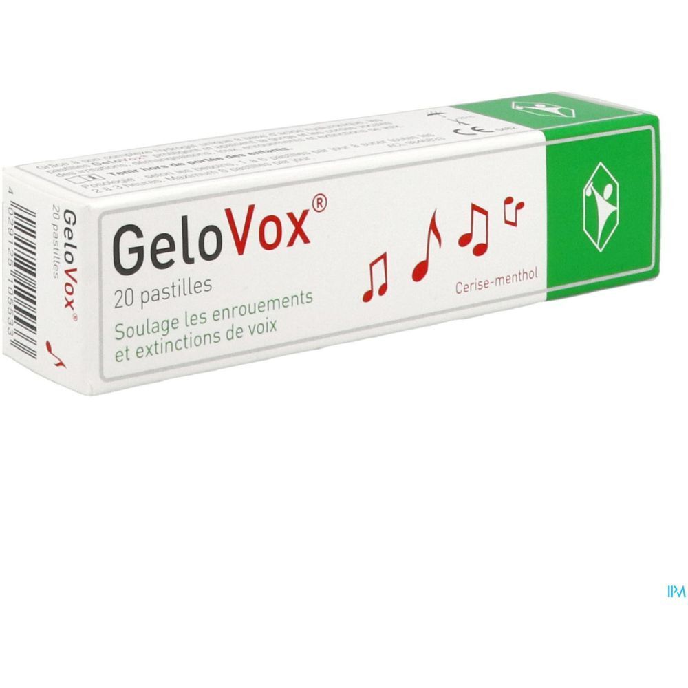 Boîte de pastilles GeloVox, 20 unités. Blanc avec accents verts. Notes de musique et logo.