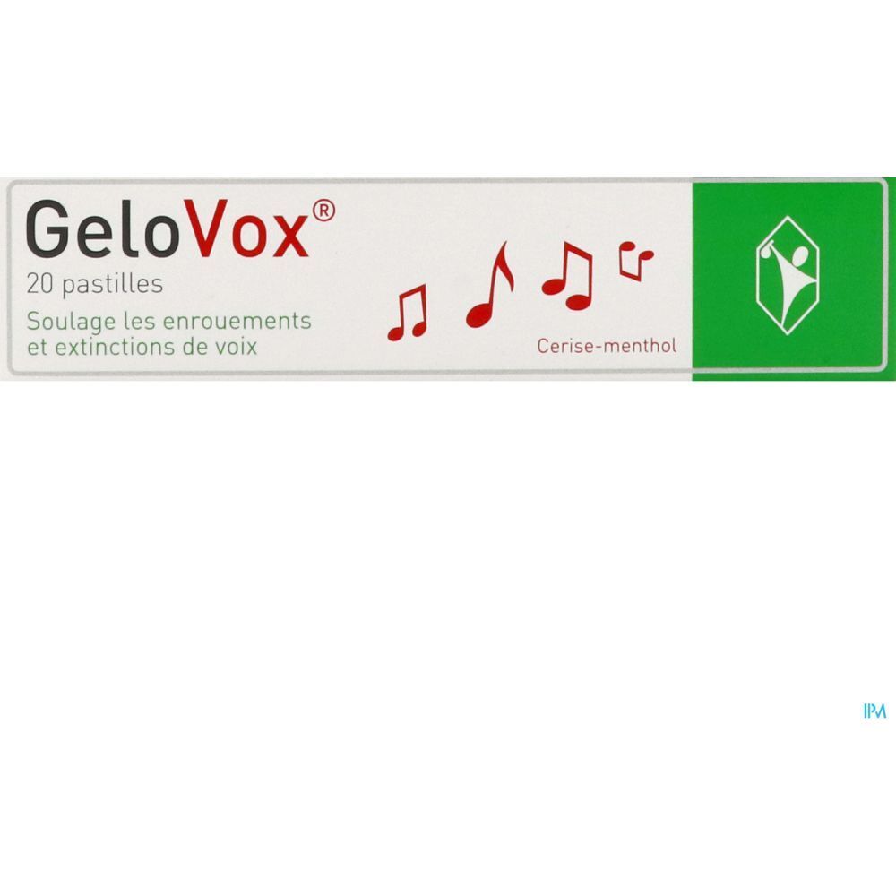 Boîte de pastilles GeloVox, 20 unités. Blanc avec accents verts. Notes de musique et logo.