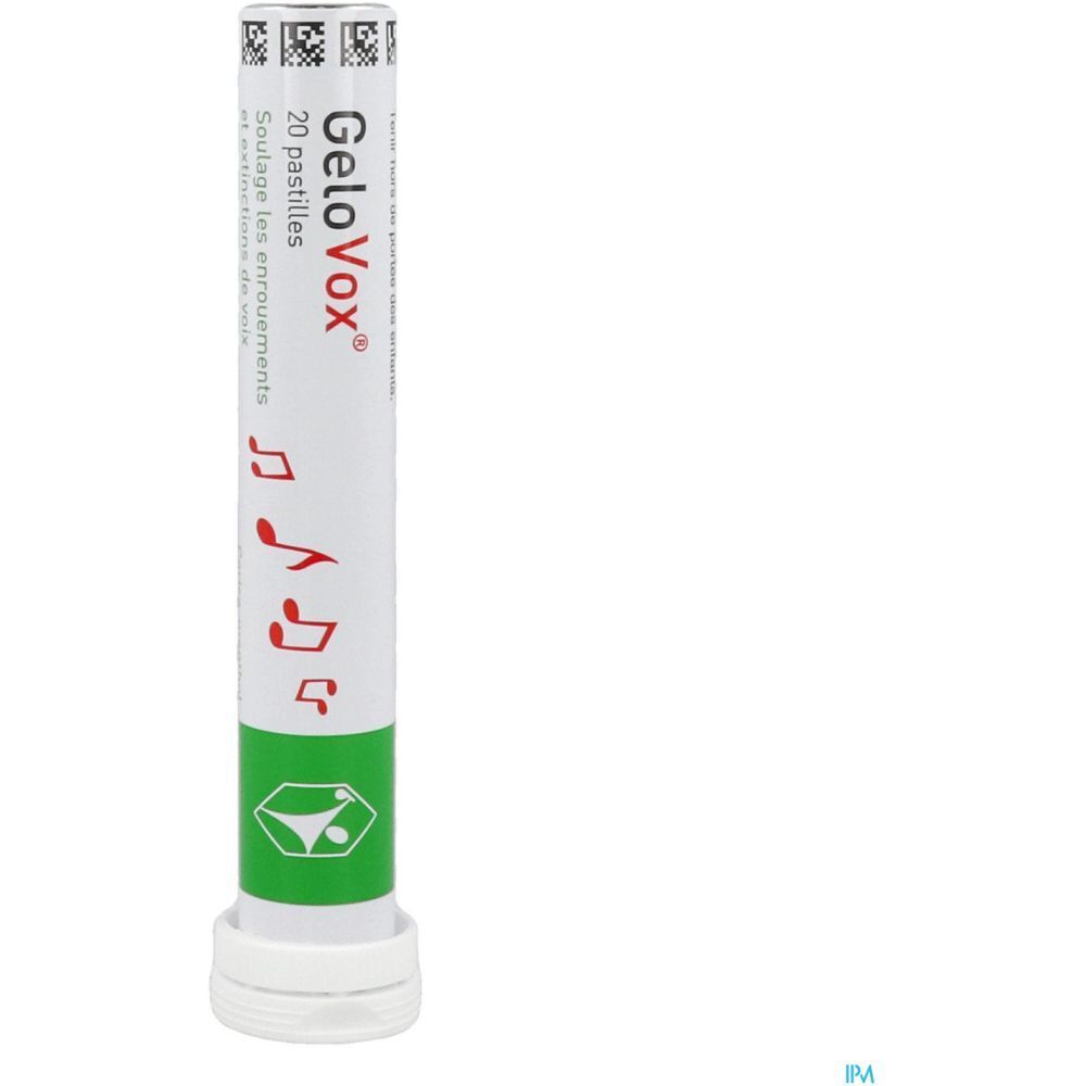 Tube de pastilles GeloVox, 20 unités. Emballage blanc et vert avec logo et notes de musique.