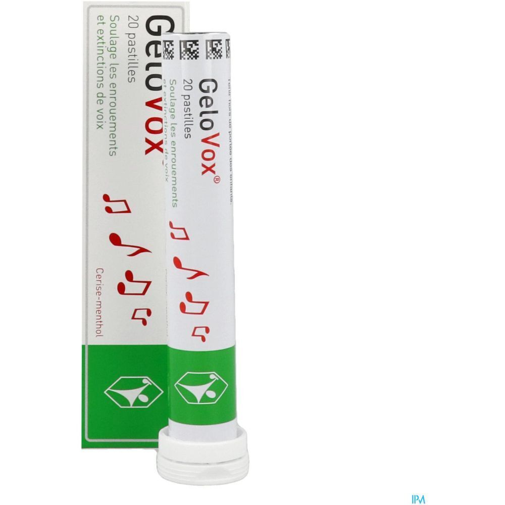 Tube de pastilles GeloVox, 20 unités. Emballage blanc et vert avec logo et notes de musique.