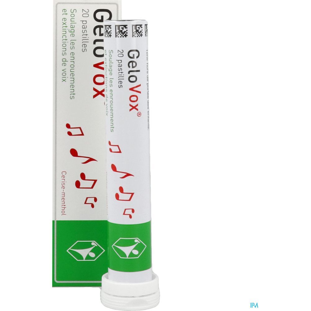 Tube de pastilles GeloVox, 20 unités. Emballage blanc et vert avec logo et notes de musique.