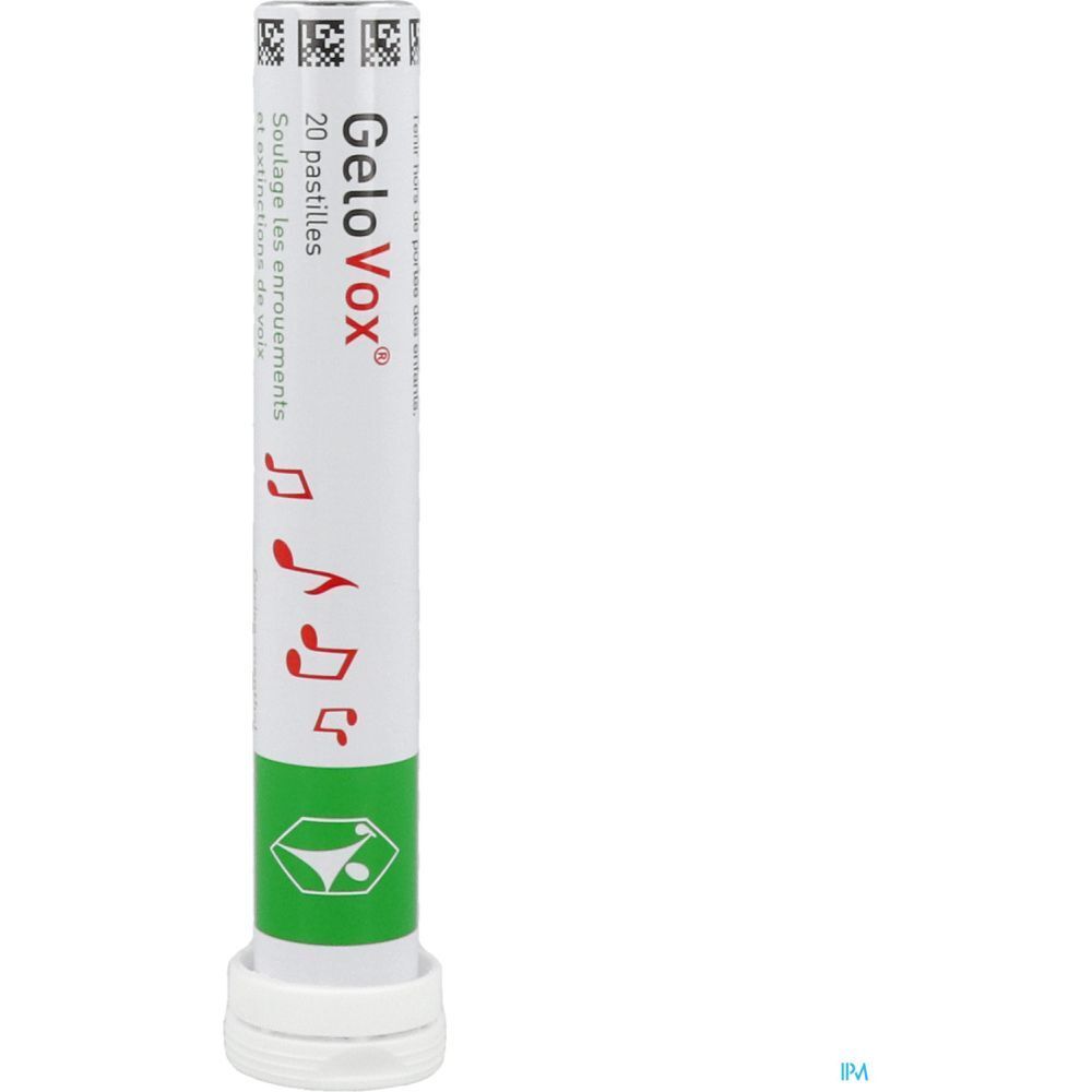 Tube de pastilles GeloVox, 20 unités. Emballage blanc et vert avec logo et notes de musique.