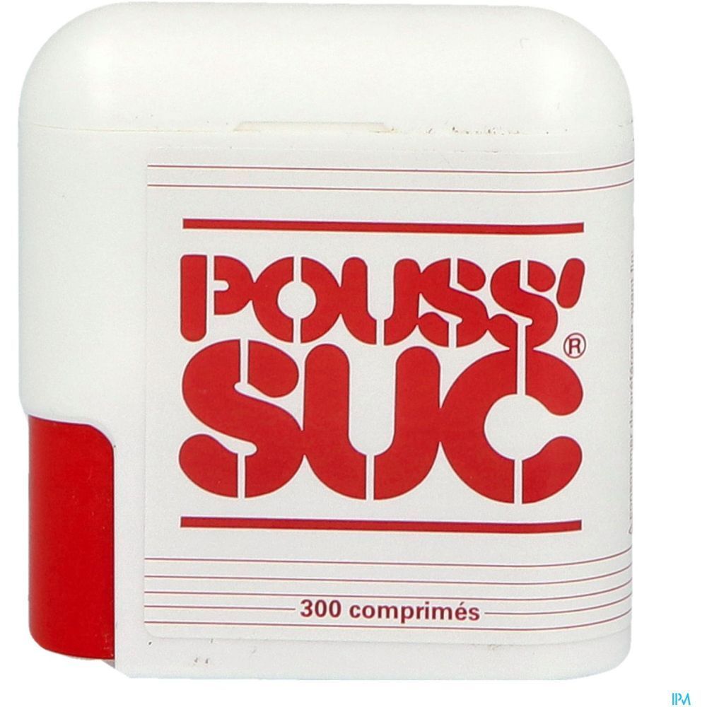 Weiße Tablettenbox mit rotem Akzent. Aufschrift POUSS'SUC in Rot. 300 comprimés.