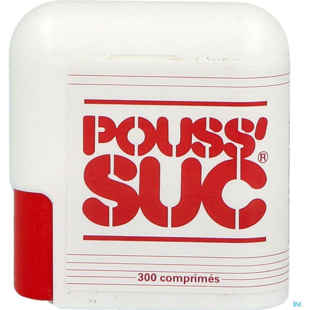Weiße Tablettenbox mit rotem Akzent. Aufschrift POUSS'SUC in Rot. 300 comprimés.