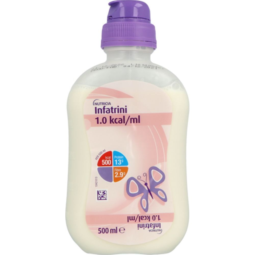 Biberon de nutrition infantile médicale. Bouchon violet, étiquette rose avec papillon et informations nutritionnelles. 500 ml.