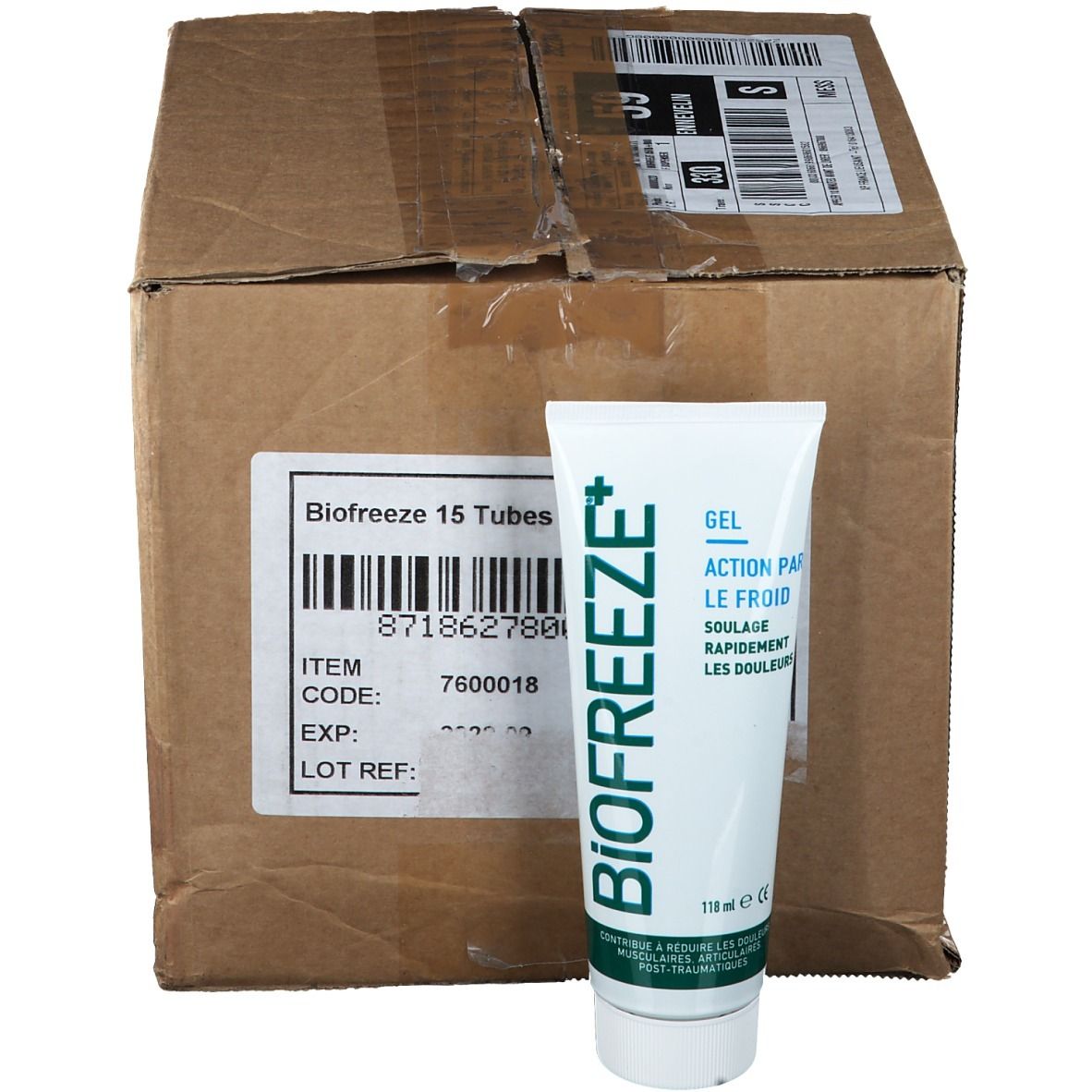 Boîte en carton et tube. Tube: blanc, vert, "BIOFREEZE+" et "GEL ACTION PAR LE FROID".