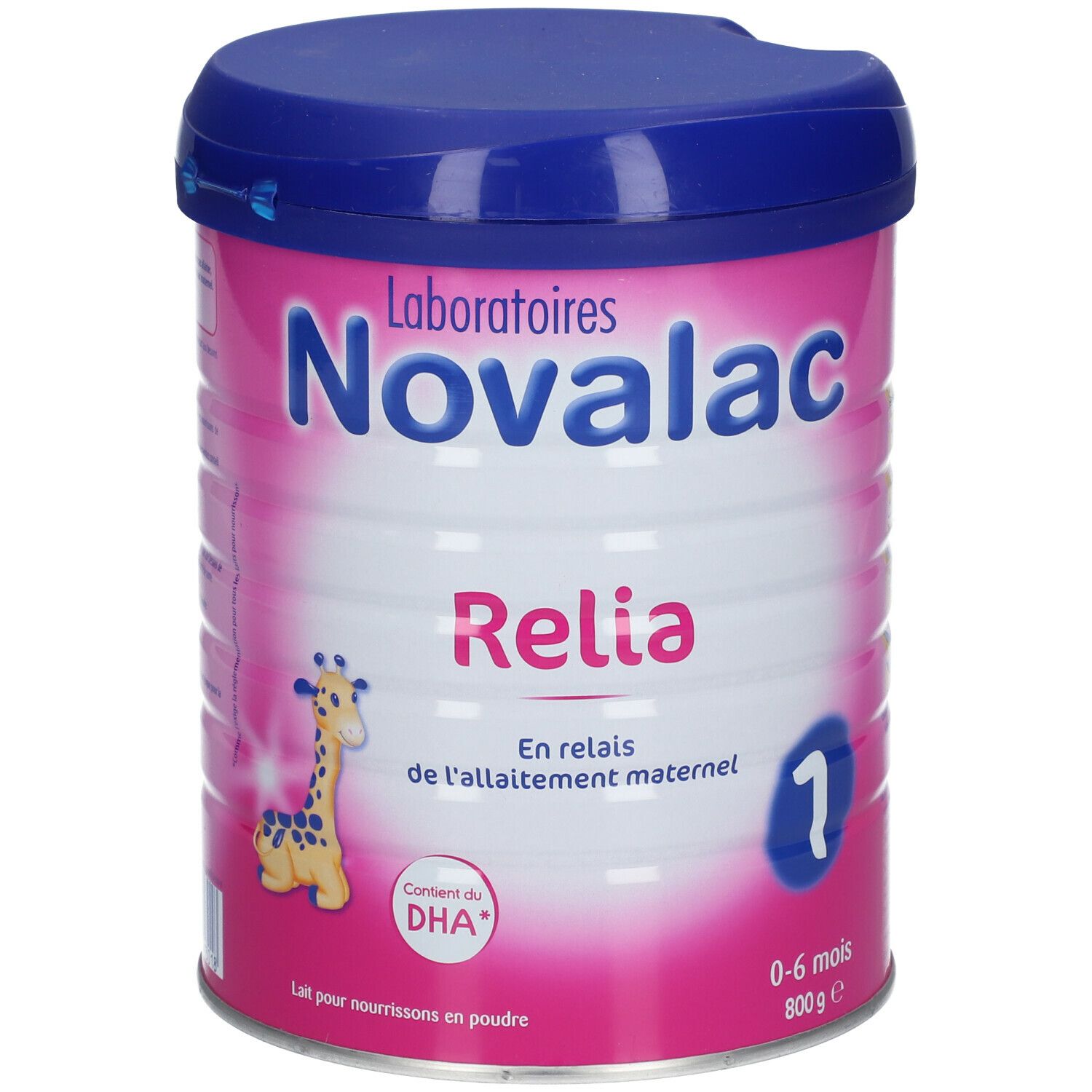 Boîte rose avec couvercle bleu. Inscription Novalac Relia 1. Illustration girafe. Pour 0-6 mois.