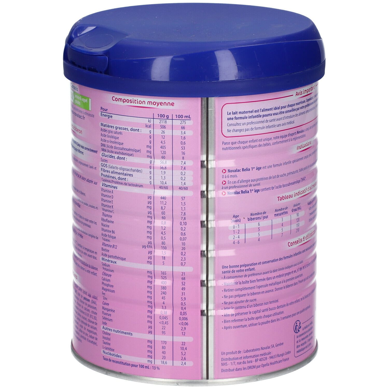 Dos de la boîte rose avec couvercle bleu. Informations nutritionnelles et textuelles.