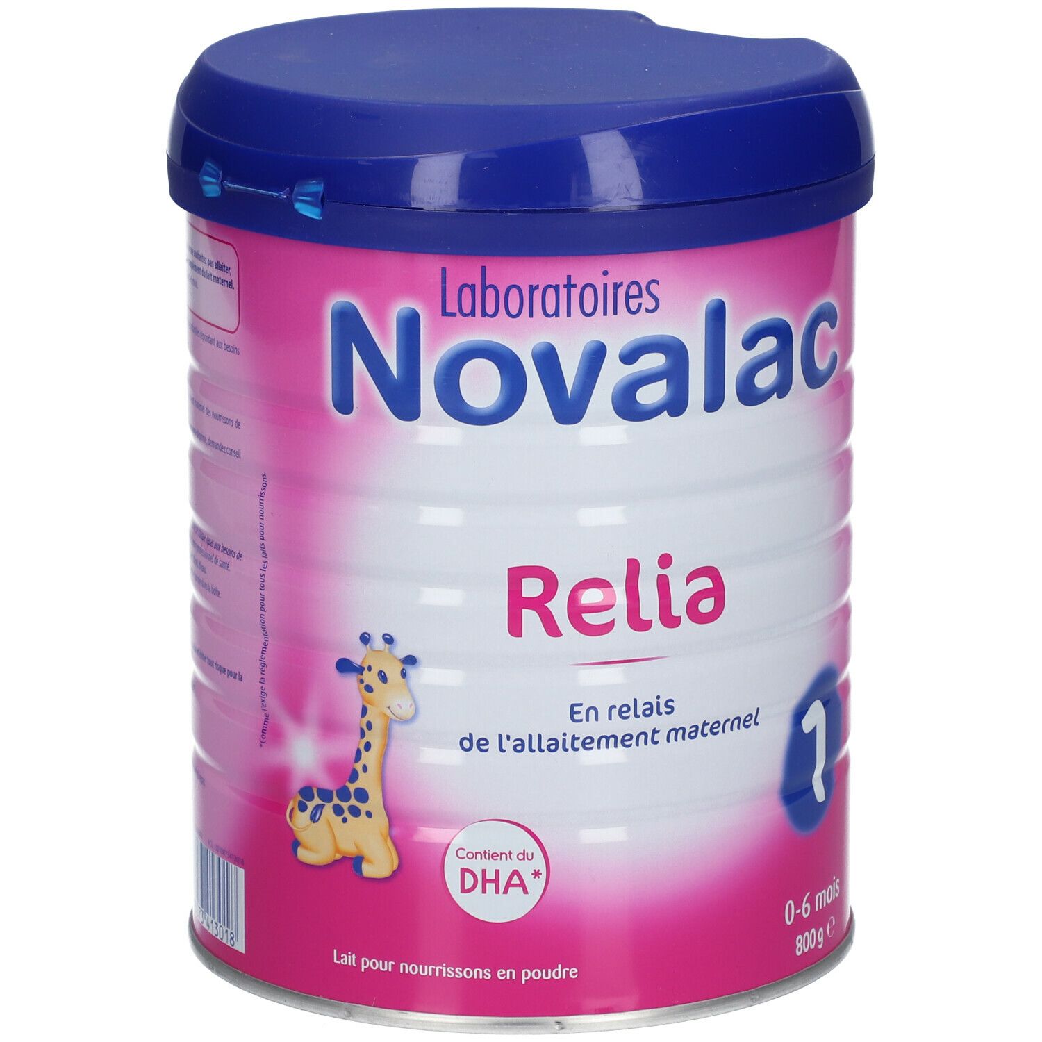 Boîte rose avec couvercle bleu. Inscription Novalac Relia 1. Illustration girafe. Pour 0-6 mois.