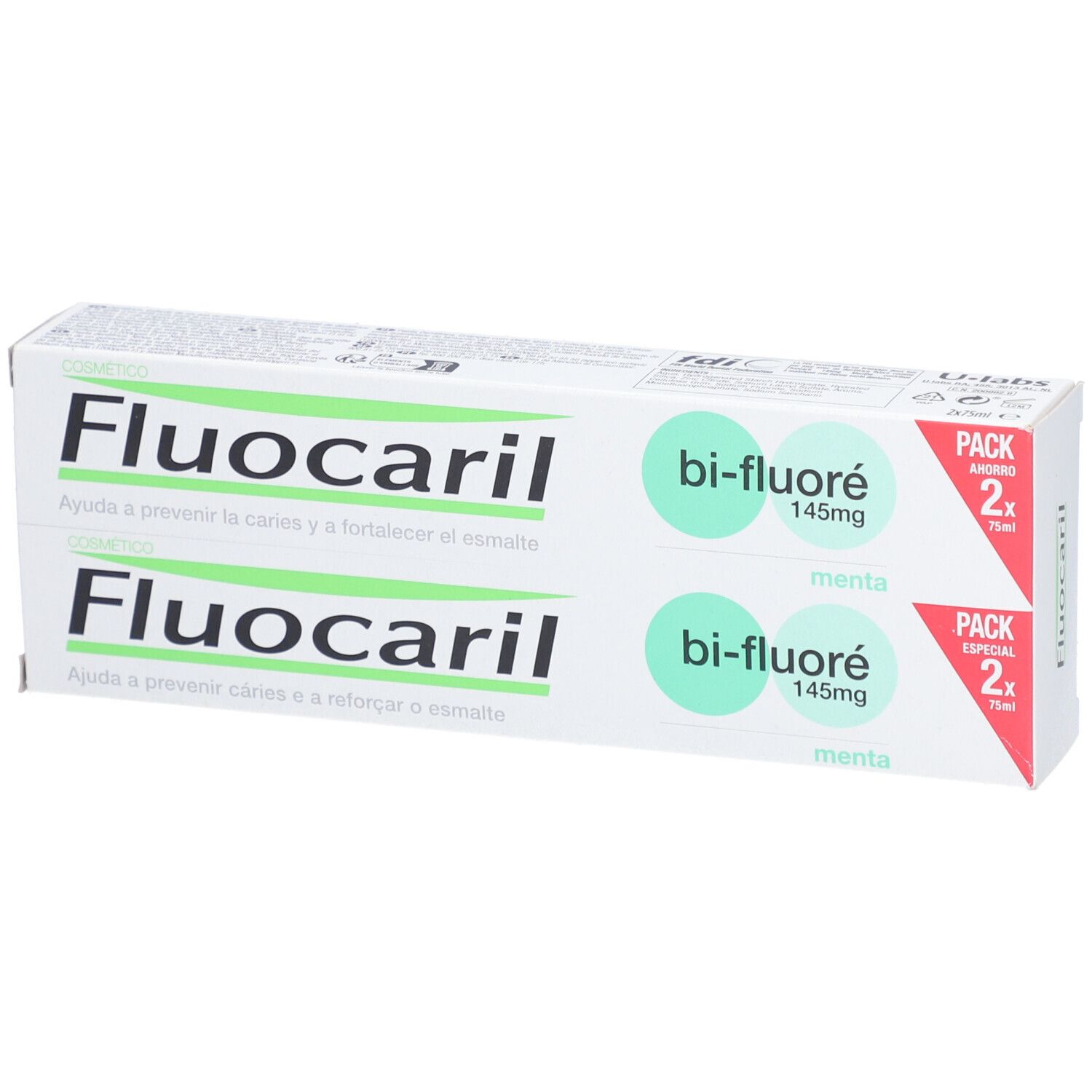 Paquet de deux tubes de dentifrice Fluocaril bi-fluoré 145mg menthe. Pack de 2x75ml. Inscription pour prévenir les caries.