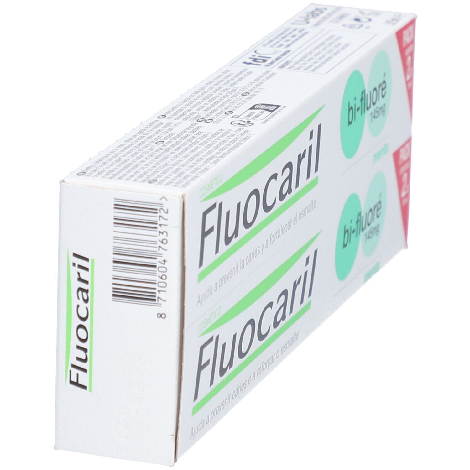 Paquet de dentifrice Fluocaril bi-fluoré 145mg menthe, en biais. Pack de 2x75ml. Code-barres visible.