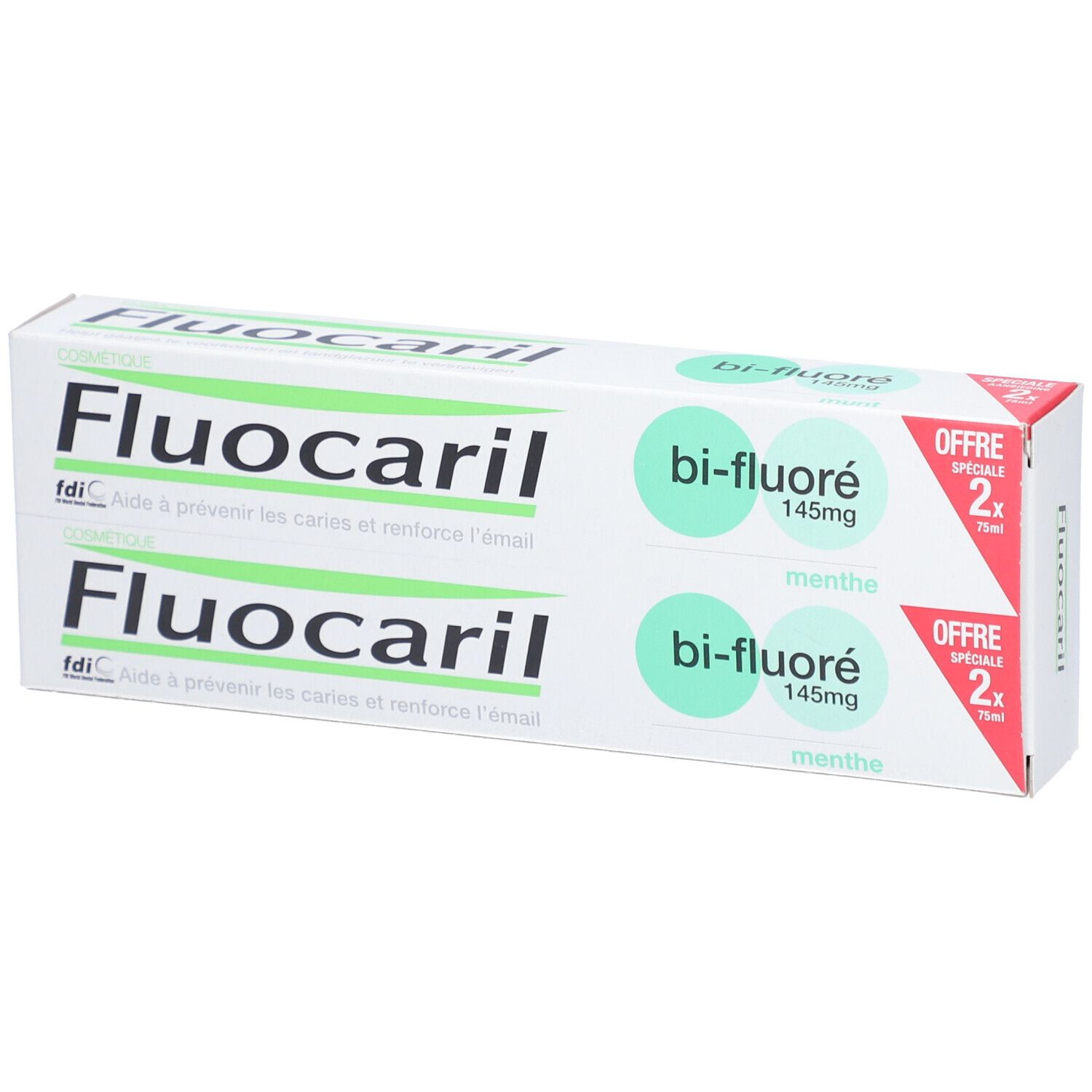 Paquet de deux tubes de dentifrice Fluocaril bi-fluoré 145mg menthe. Offre spéciale. Pack de 2x75ml.