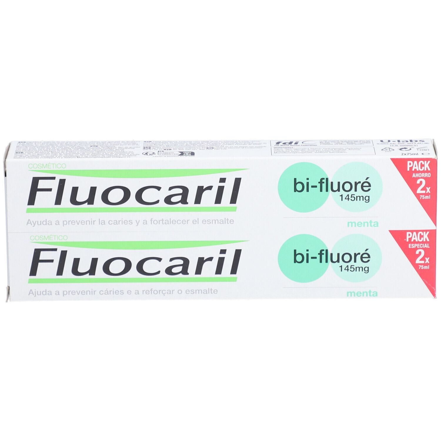 Paquet de deux tubes de dentifrice Fluocaril bi-fluoré 145mg menthe. Pack de 2x75ml. Inscription pour prévenir les caries.