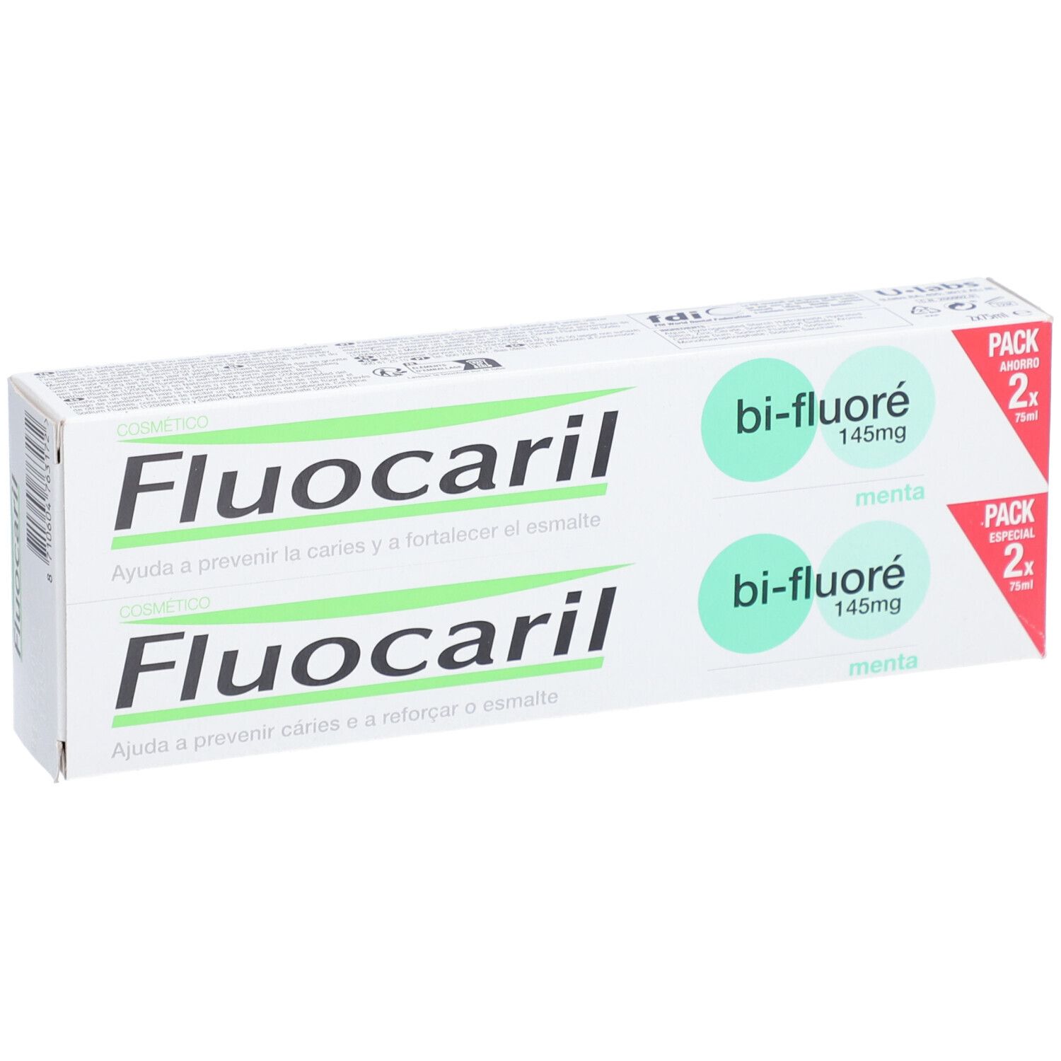 Paquet de deux tubes de dentifrice Fluocaril bi-fluoré 145mg menthe. Pack de 2x75ml. Inscription pour prévenir les caries.