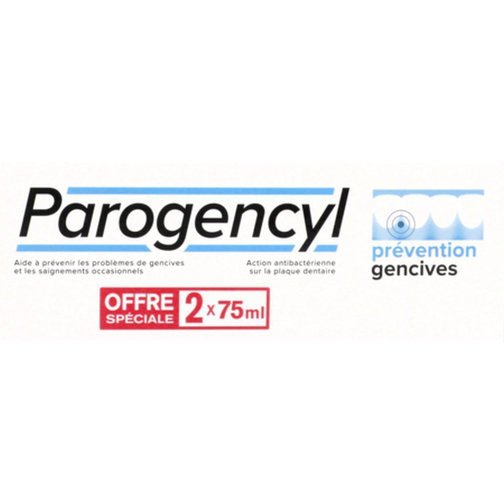 Emballage de dentifrice. Logo Parogencyl et texte. "Offre spéciale" et "2x75ml" visibles.