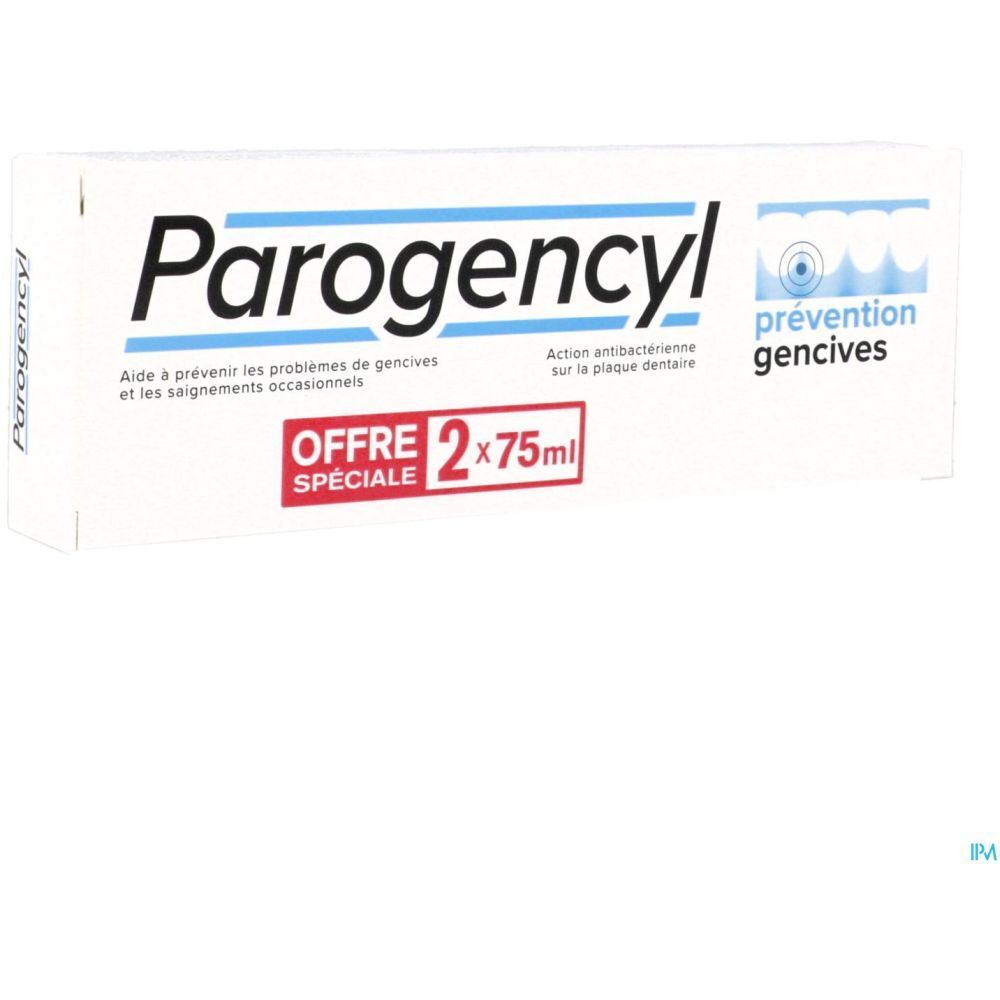 Emballage de dentifrice en biais. Logo Parogencyl et texte. "Offre spéciale" et "2x75ml" visibles.