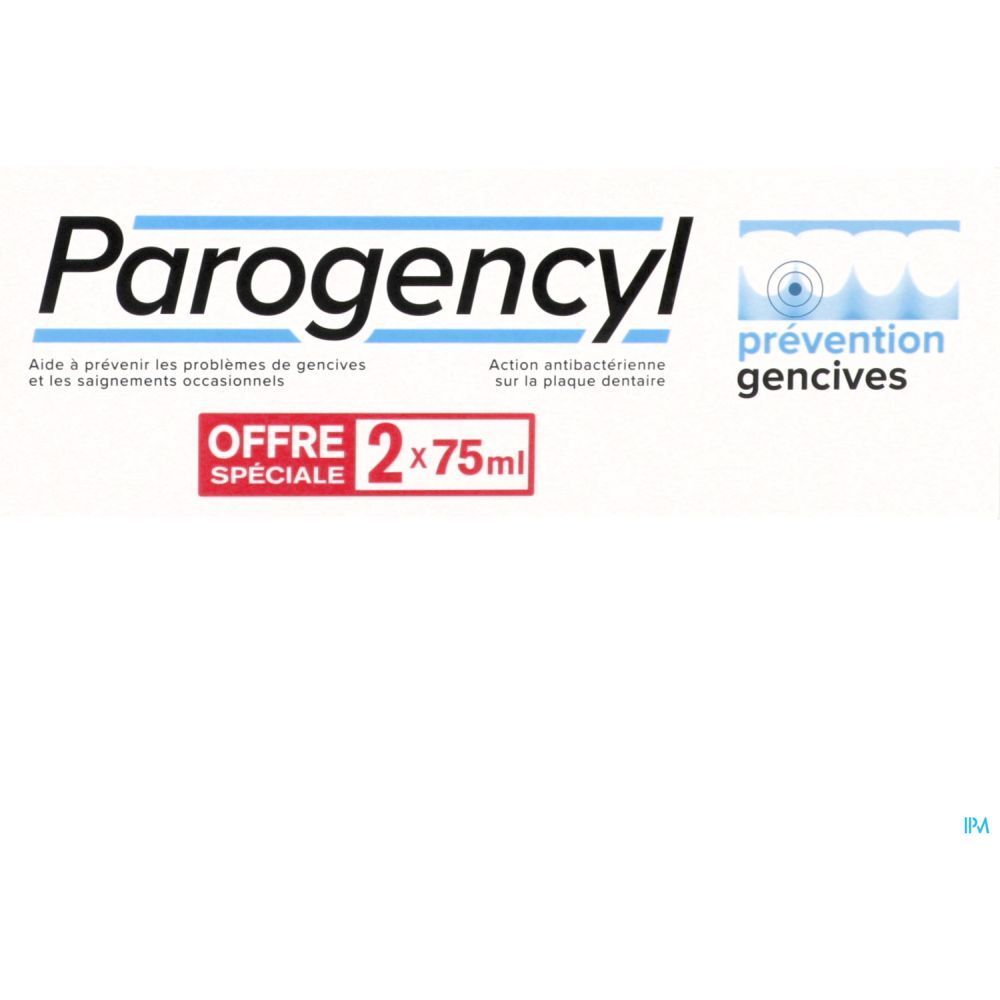 Emballage de dentifrice. Logo Parogencyl et texte. "Offre spéciale" et "2x75ml" visibles.