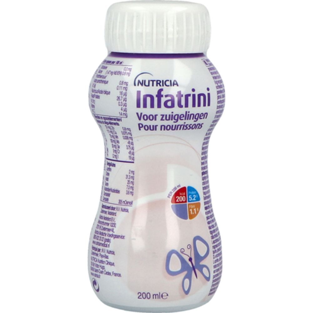 Bouteille Infatrini. Bouchon blanc, texte violet. Contient des informations nutritionnelles et un logo papillon. 200 ml.