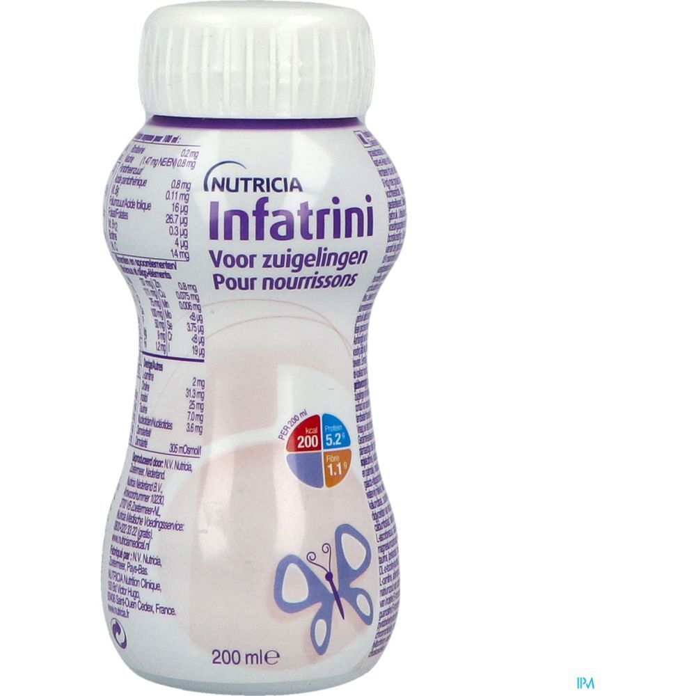 Bouteille Infatrini avec bouchon blanc. Texte violet et logo papillon. Contient des informations nutritionnelles. 200 ml.
