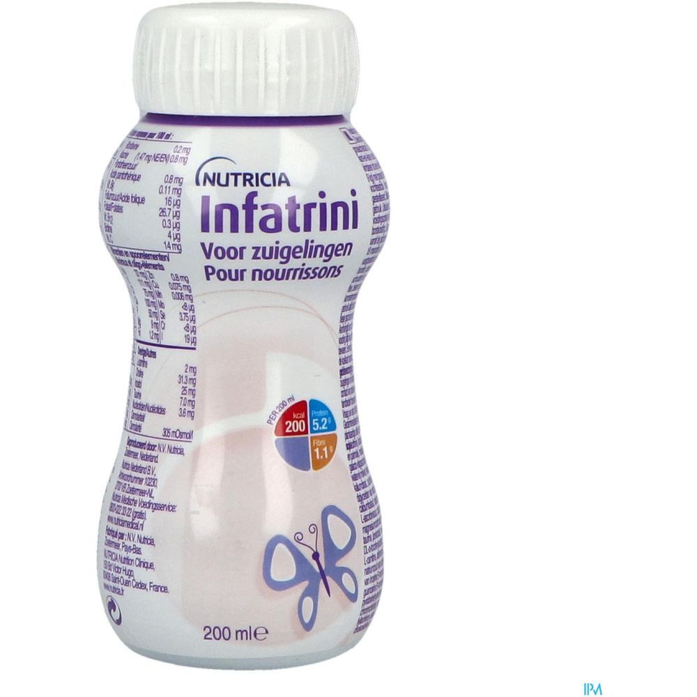 Bouteille Infatrini avec bouchon blanc. Texte violet et logo papillon. Contient des informations nutritionnelles. 200 ml.