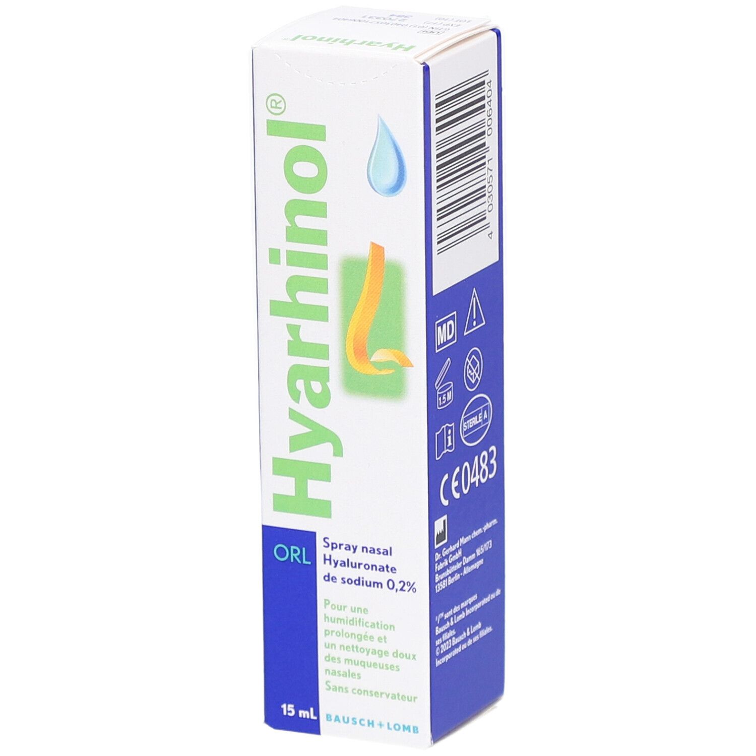 Boîte de Hyarhinol ORL Spray Nasal. Inscription : Spray nasal, Hyaluronate de sodium 0,2%. 15 ml. Logo et marquage CE.