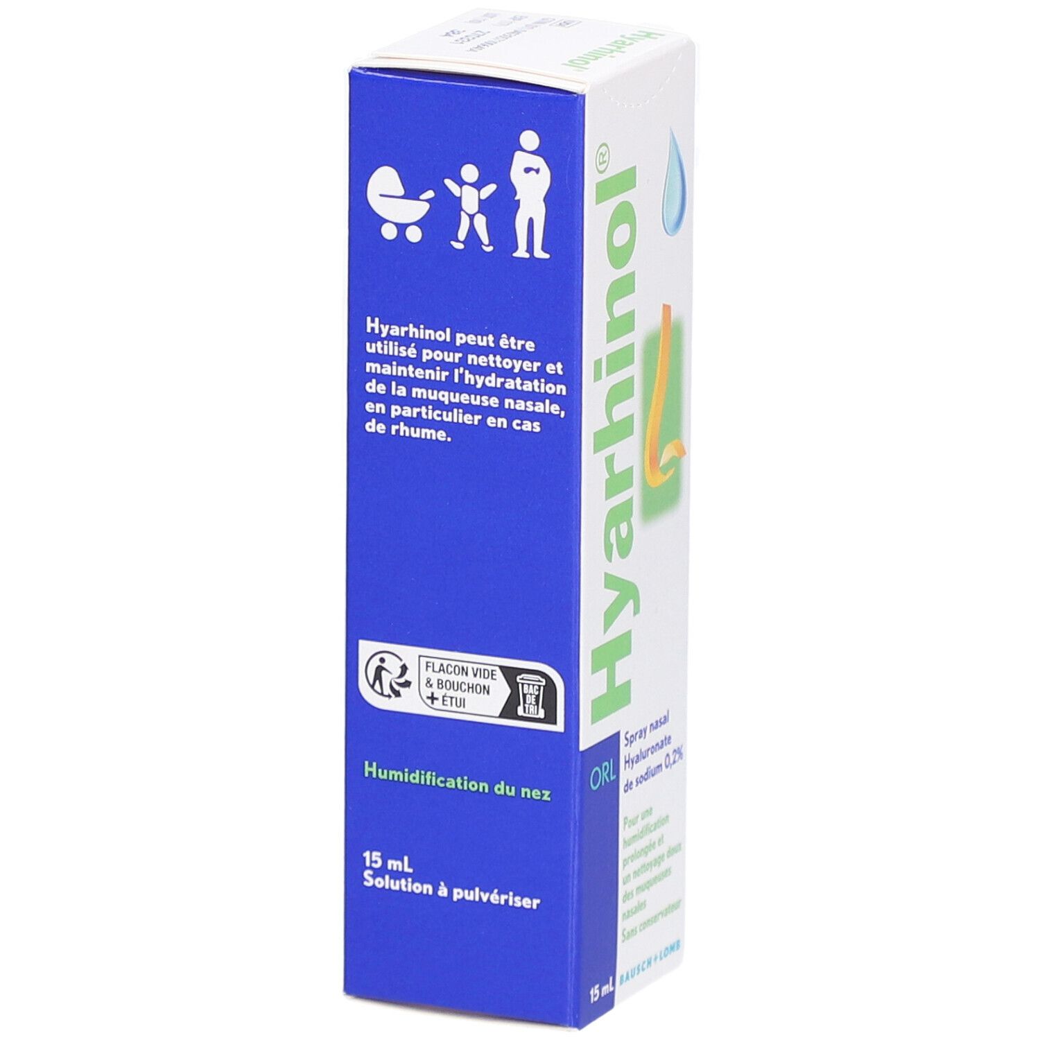 Boîte de Hyarhinol ORL Spray Nasal. Texte : Peut être utilisé pour nettoyer et maintenir l'hydratation de la muqueuse nasale. 15 ml. Logo.