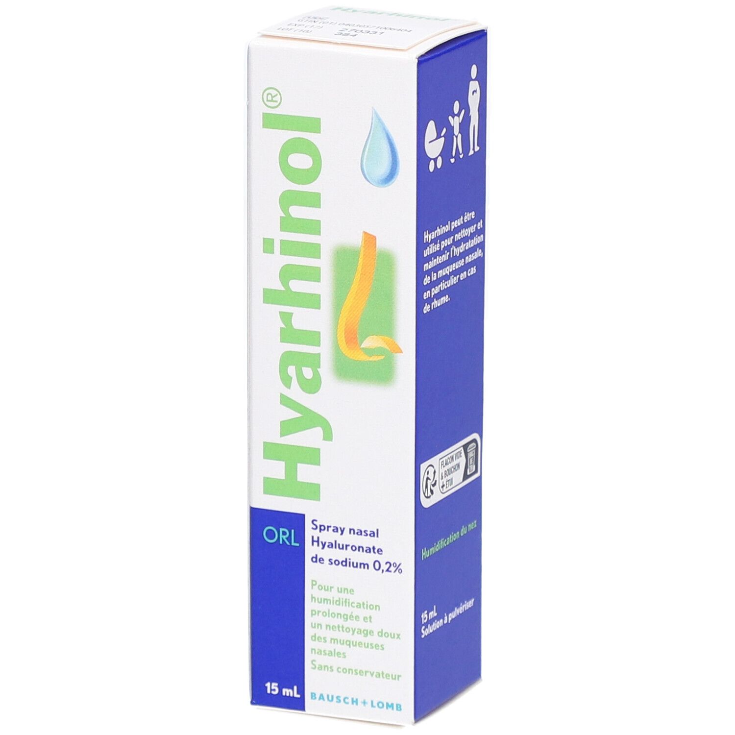 Boîte de Hyarhinol ORL Spray Nasal. Texte : Peut être utilisé pour nettoyer et maintenir l'hydratation de la muqueuse nasale. 15 ml. Logo.