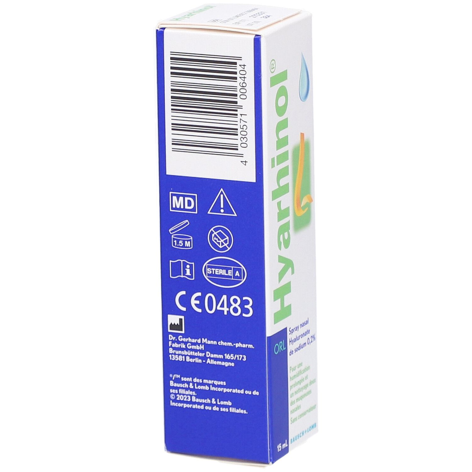 Boîte de Hyarhinol ORL Spray Nasal. Inscription : Spray nasal, Hyaluronate de sodium 0,2%. 15 ml. Logo, marquage CE et autres symboles.