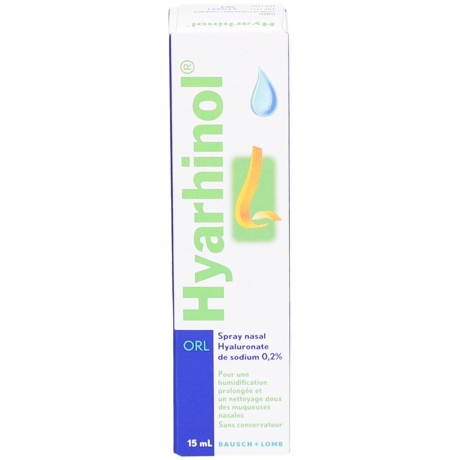Boîte de Hyarhinol ORL Spray Nasal. Inscription : Spray nasal, Hyaluronate de sodium 0,2%. 15 ml. Logo.