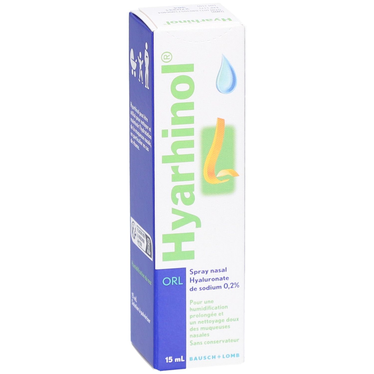 Boîte de Hyarhinol ORL Spray Nasal. Texte : Peut être utilisé pour nettoyer et maintenir l'hydratation de la muqueuse nasale. 15 ml. Logo.