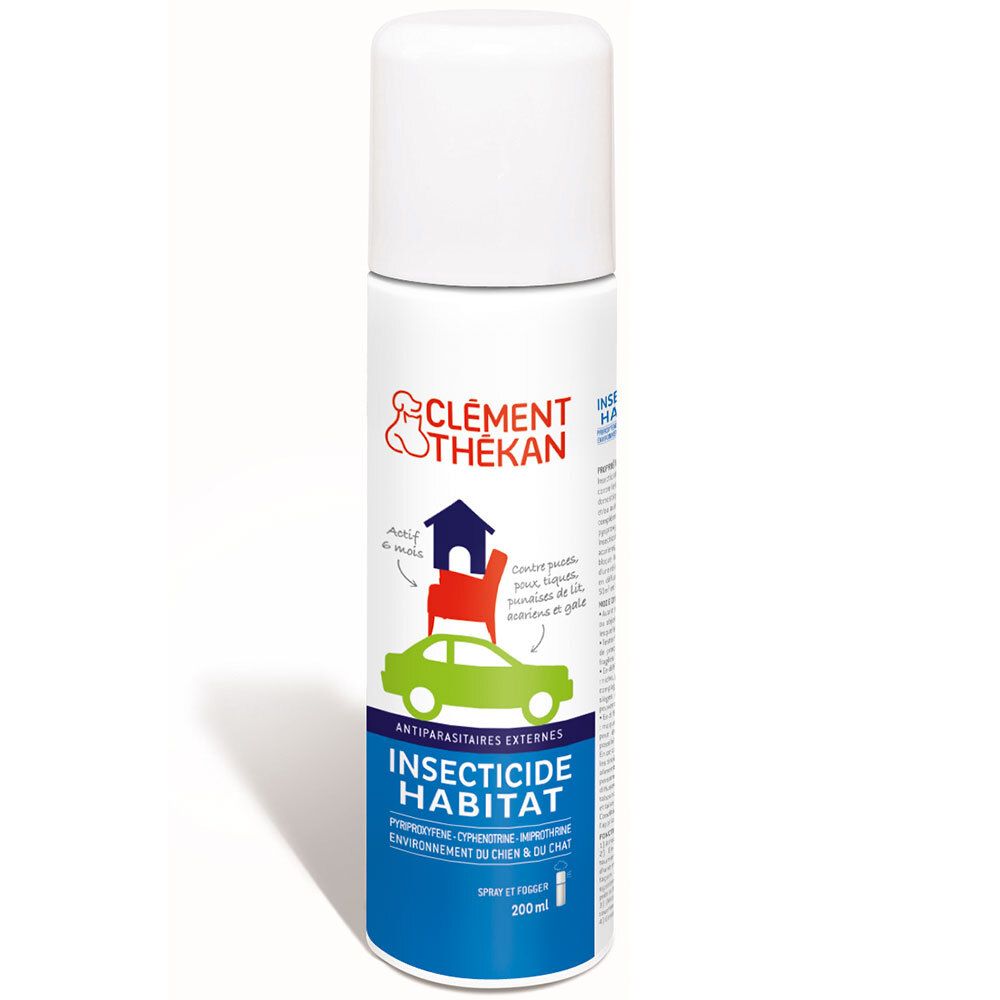 Bombe insecticide blanche et bleue. Logo et illustrations. Texte: Insecticide Habitat, Antiparasitaires Externes.