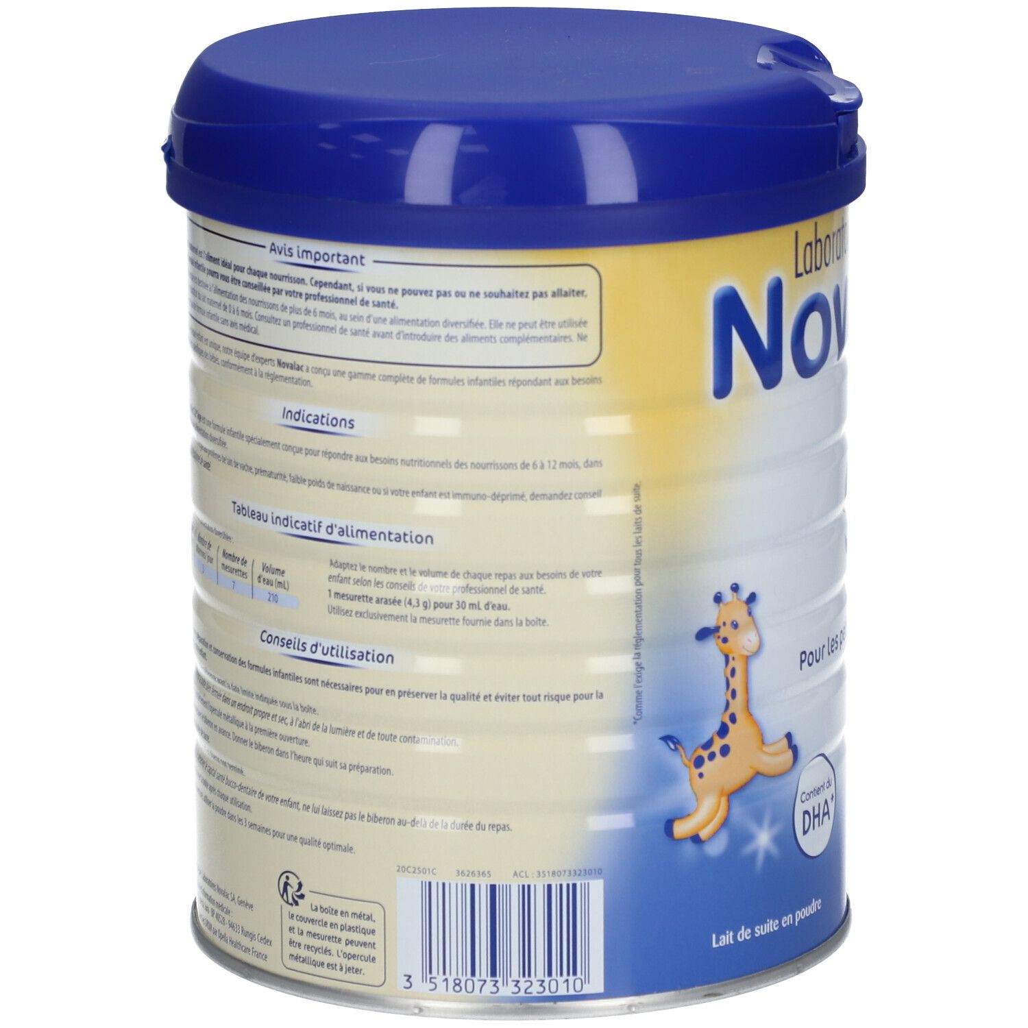 Dos de la boîte Novalac S2. Texte multilingue. Illustration d'un bébé girafe. Avec DHA. Informations nutritionnelles.