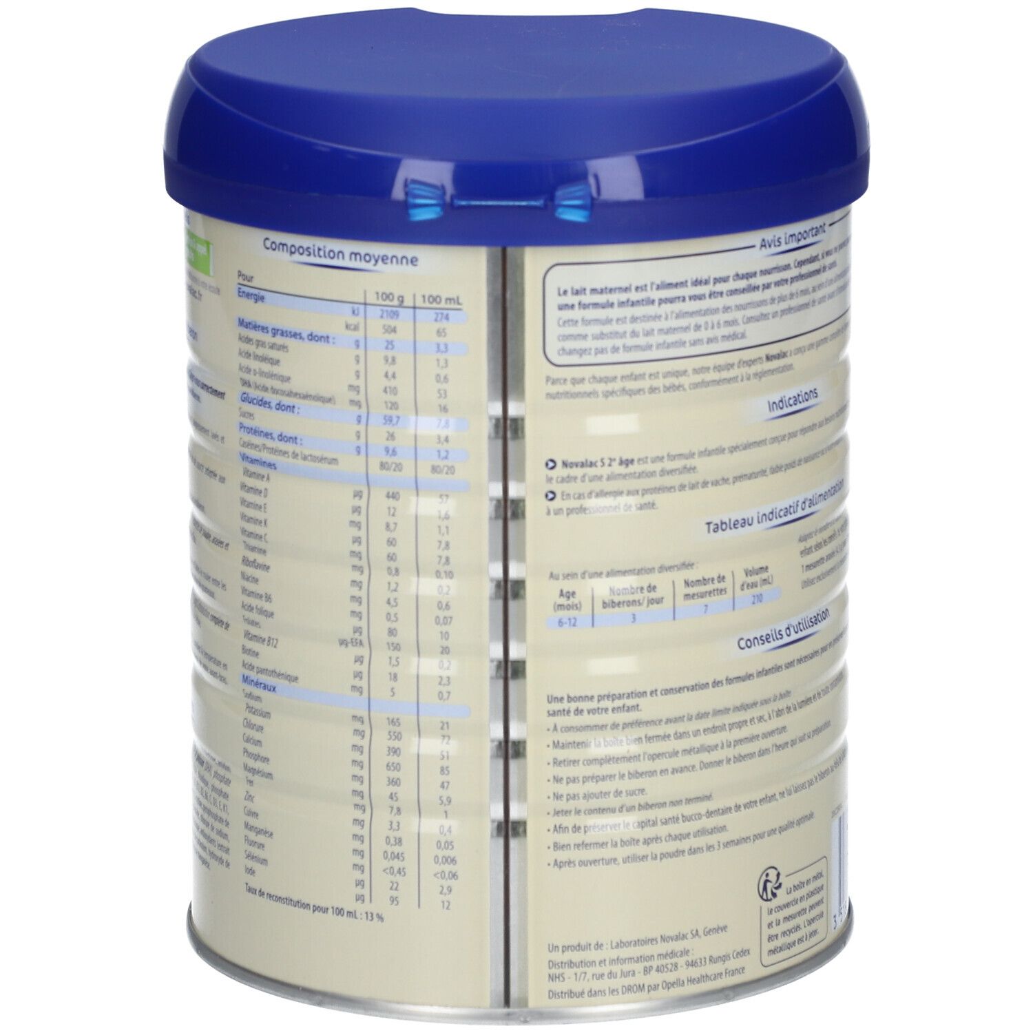 Dos de la boîte Novalac S2. Texte multilingue. Informations nutritionnelles. Conseils d'utilisation.
