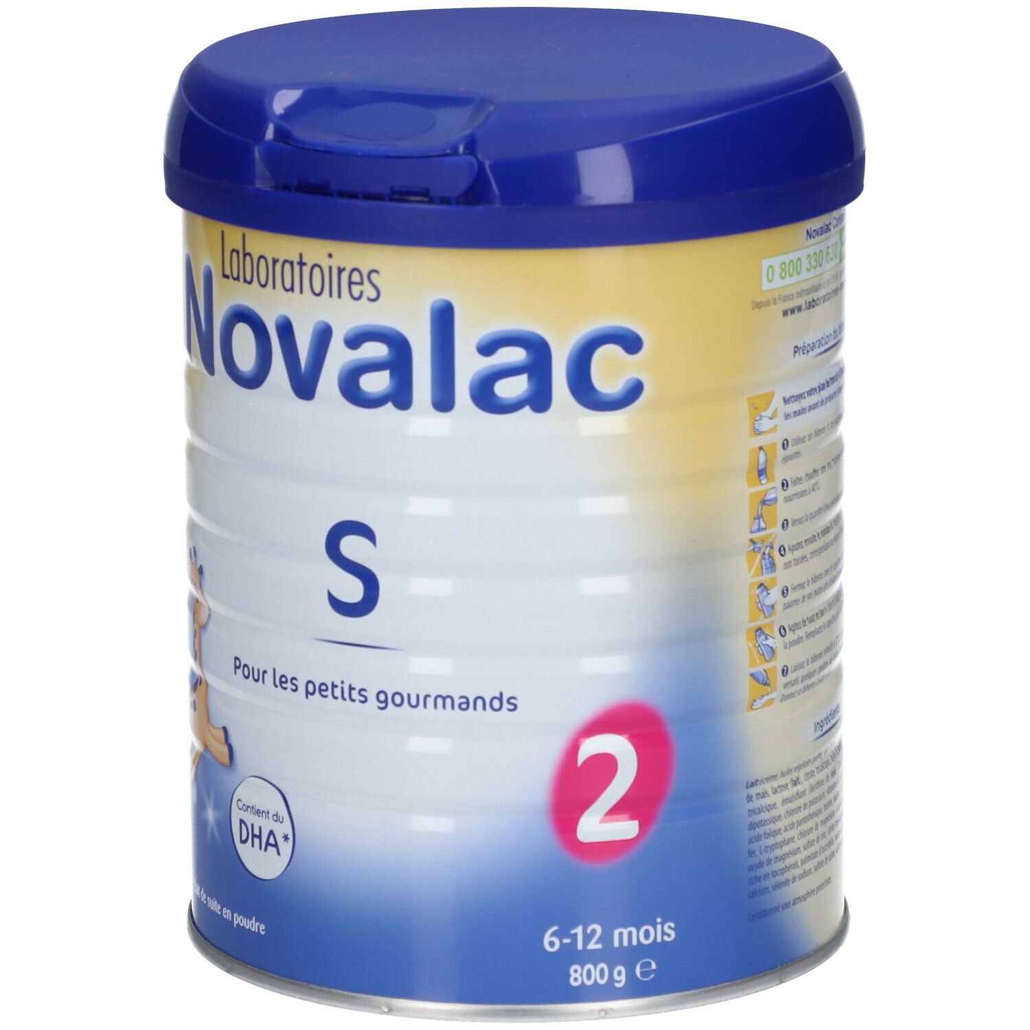 Boîte Novalac S2. Couvercle bleu, fond jaune et blanc. Inscriptions: Novalac, S, 2. Avec DHA. Pour 6-12 mois.