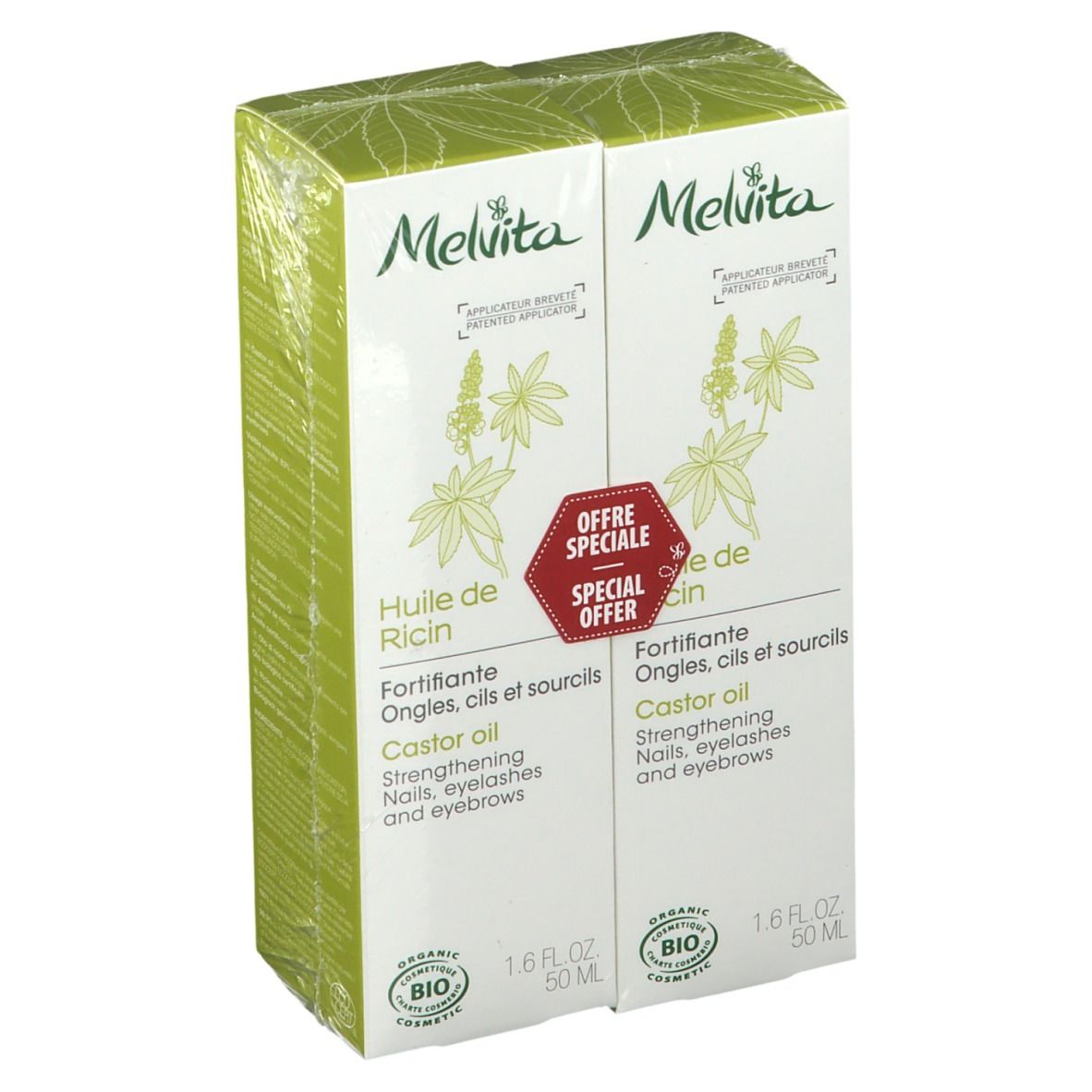 Zwei verpackte Melvita Bio-Rizinusöl-Packungen. Aufschrift: Huile de Ricin, Castor oil, für Nägel, Wimpern und Augenbrauen. Mit Bio-Siegel.