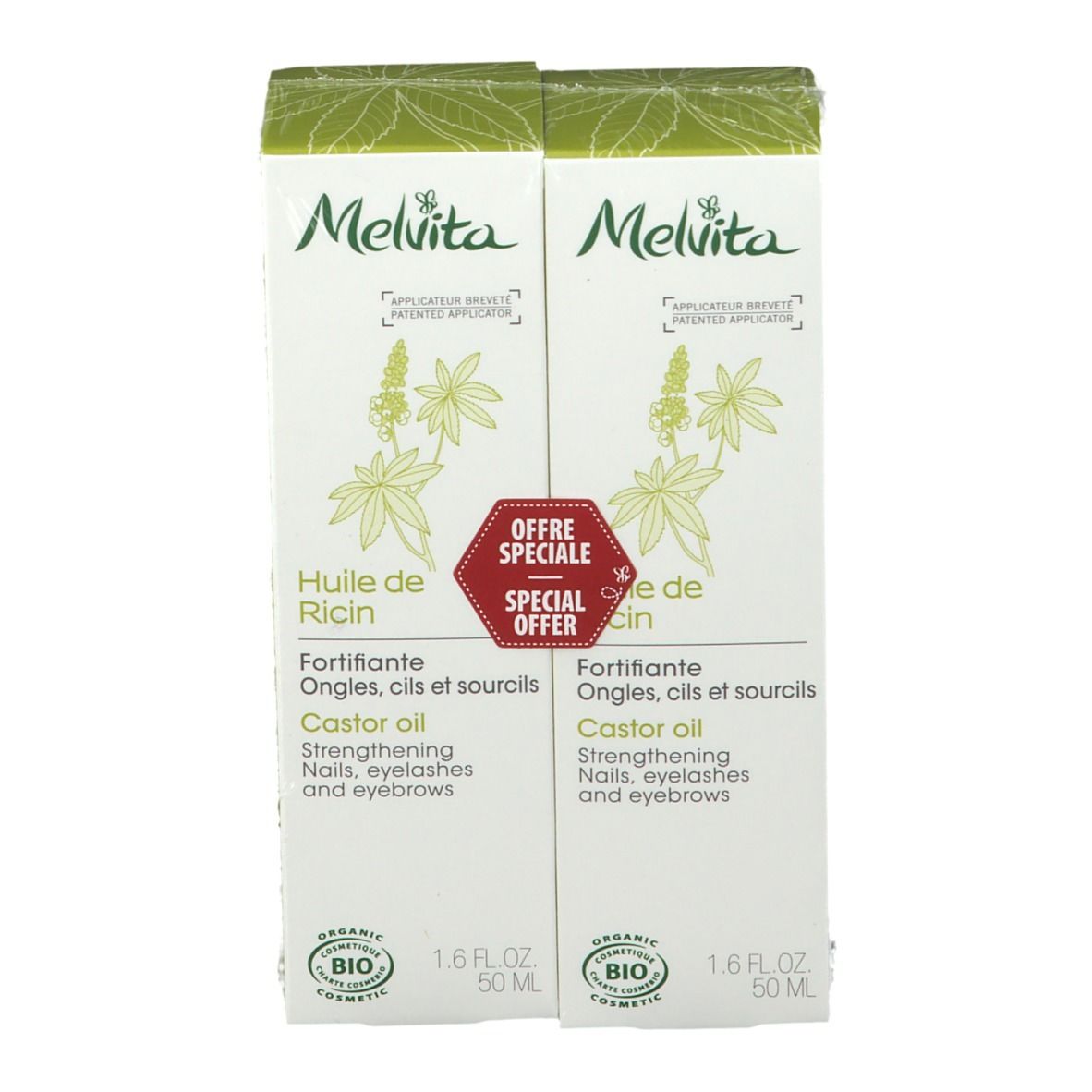 Zwei verpackte Melvita Bio-Rizinusöl-Packungen. Aufschrift: Huile de Ricin, Castor oil, für Nägel, Wimpern und Augenbrauen. Mit Bio-Siegel.