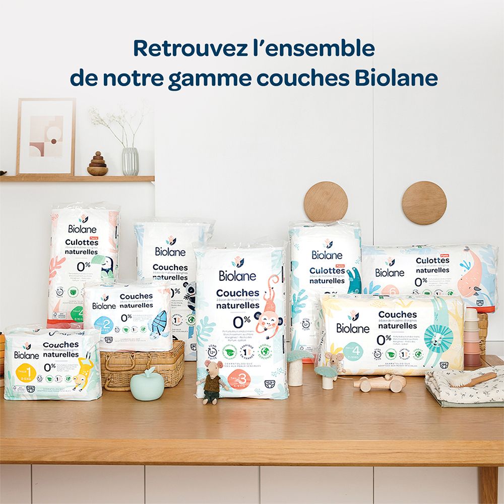 Divers paquets de couches Biolane. Inscription : Couches, 0%. Différentes tailles et designs.