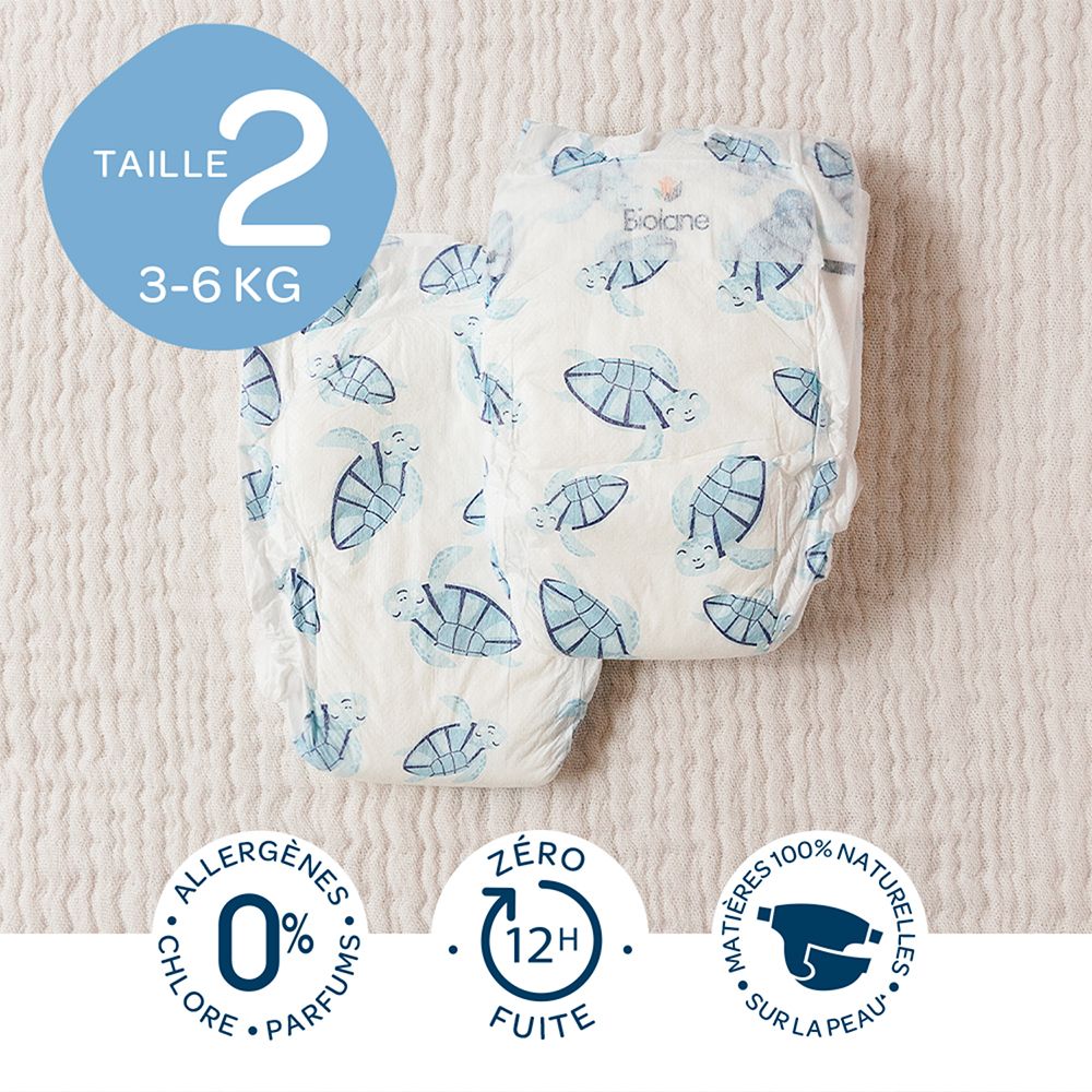 Twee Biolane luiers maat 2, 3-6 kg. Schildpaddenpatroon. 0% allergenen, 12u lekvrij, 100% natuurlijk.