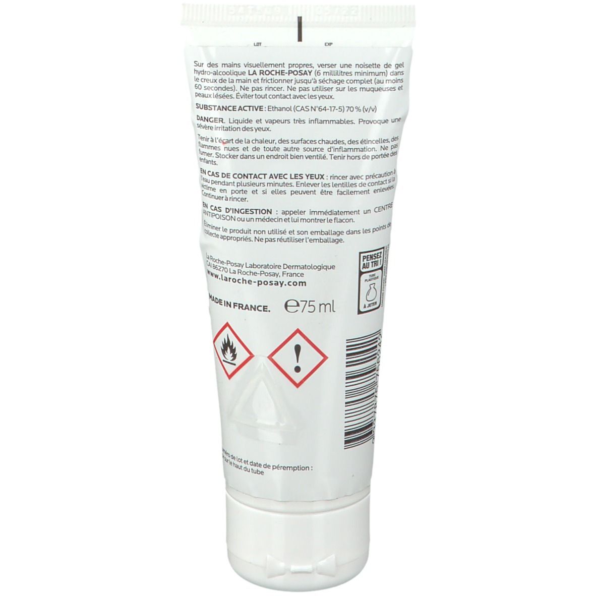 Tube blanc avec texte et symboles. Contient 75 ml. Symboles de danger : flamme, point d'exclamation. Marque : LA ROCHE-POSAY.