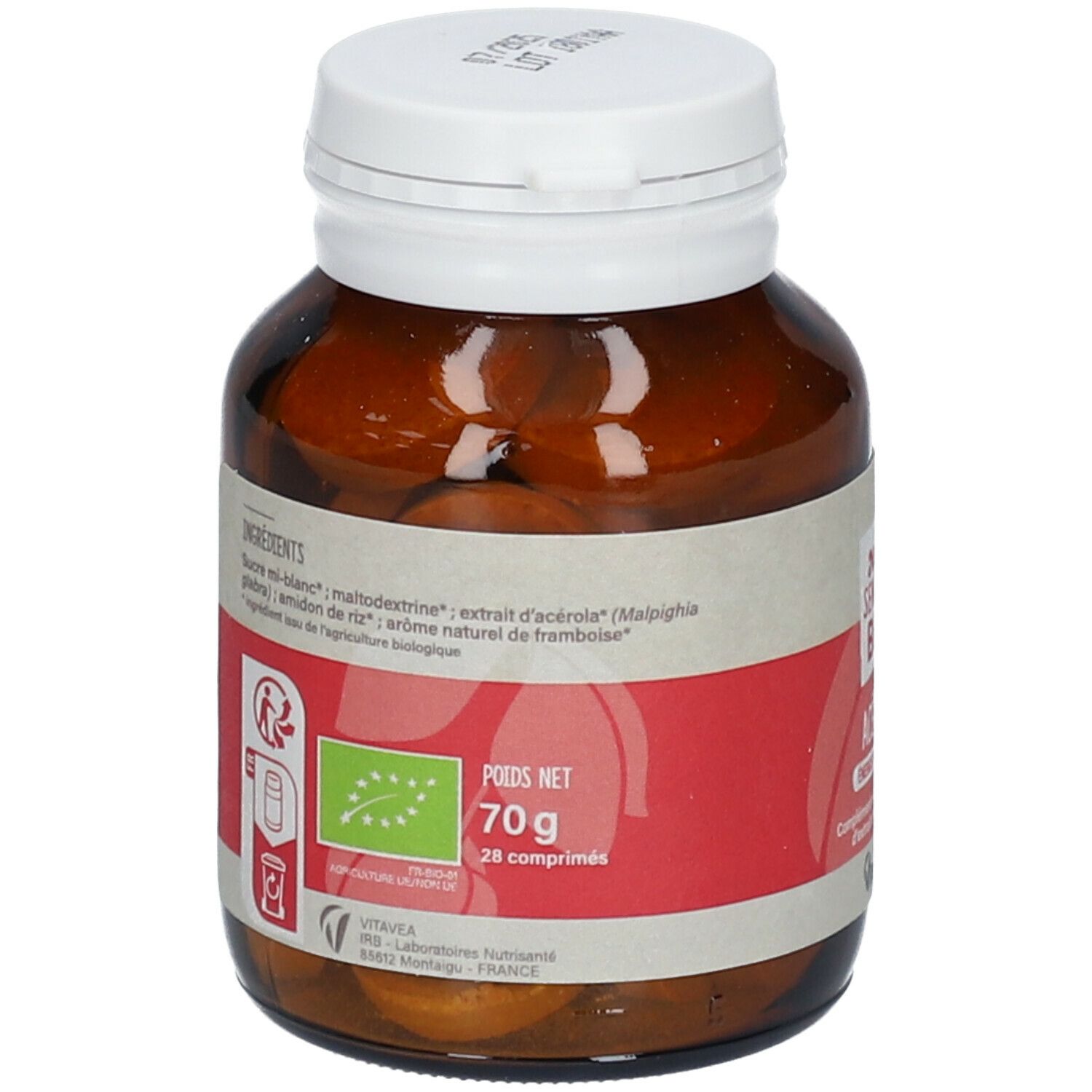 Flacon en verre brun avec bouchon blanc. Étiquette rouge avec liste d'ingrédients et label bio. Contient 28 comprimés, 70g.