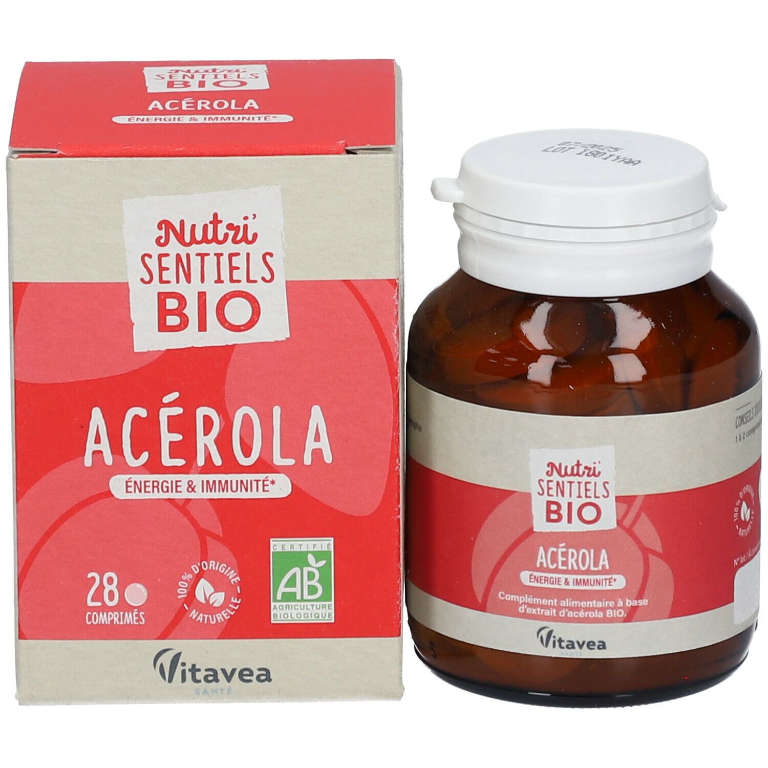 Emballage produit avec flacon et boîte. Boîte avec texte: Nutri Sentiels BIO Acérola Énergie & Immunité. 28 comprimés.