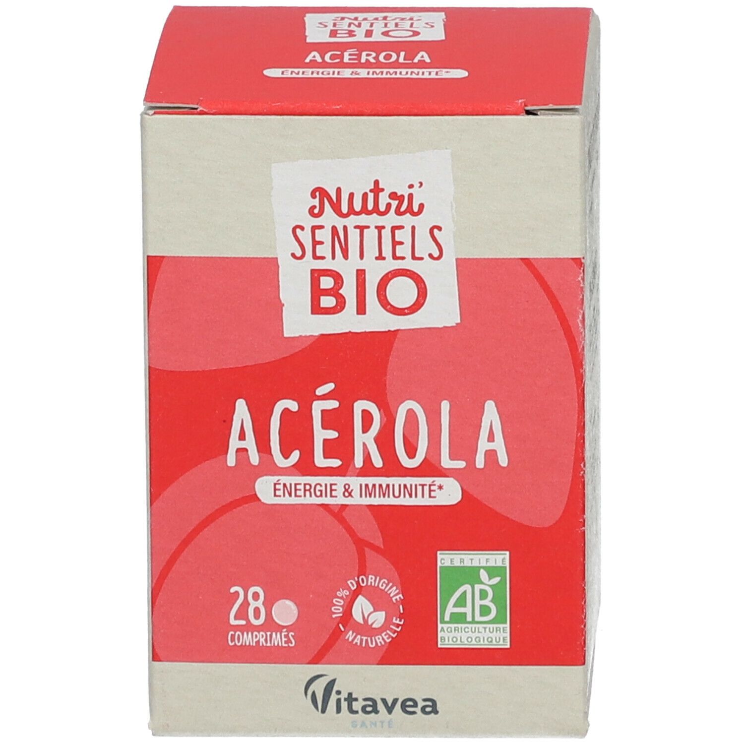 Emballage carton avec texte: Nutri Sentiels BIO Acérola Énergie & Immunité. 28 comprimés. Label bio et logo Vitavea.
