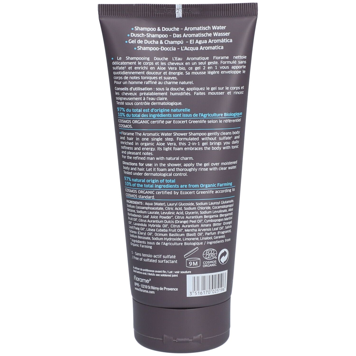 Tube gris foncé. Texte multilingue. Inscription : Shampooing Douche, gel 2 en 1. Certification biologique.