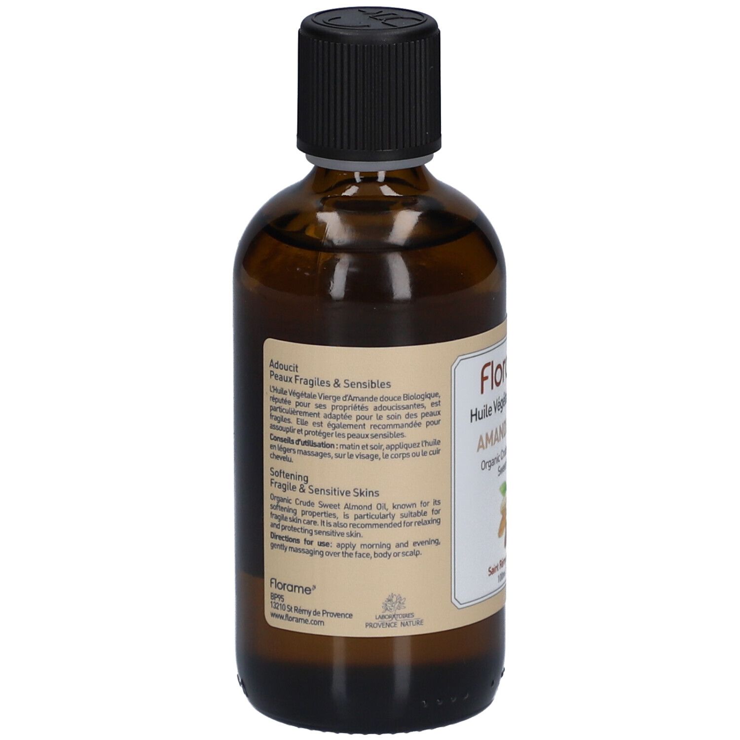 Vue arrière du flacon en verre brun. Étiquette avec informations sur le produit et texte.