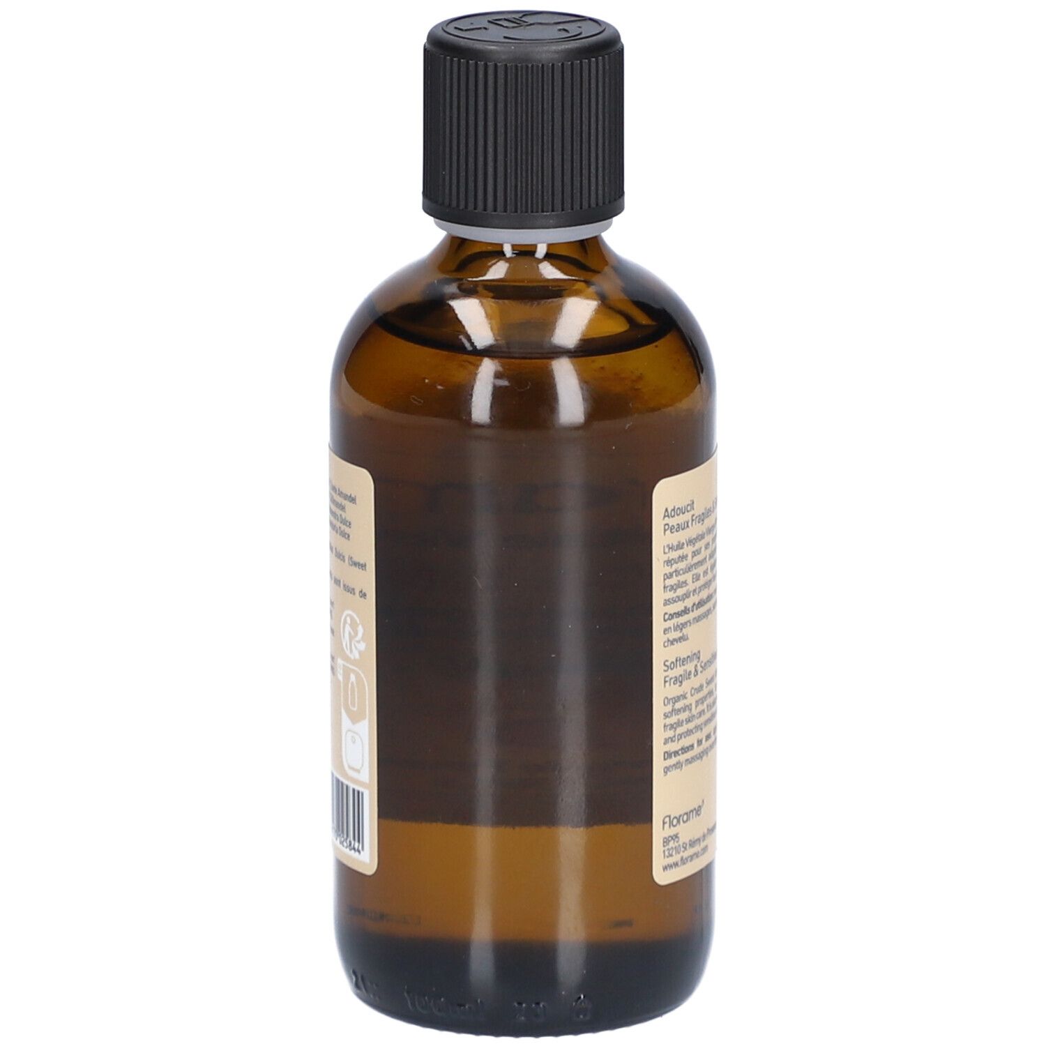 Vue arrière du flacon en verre brun. Étiquette avec informations sur le produit et texte.