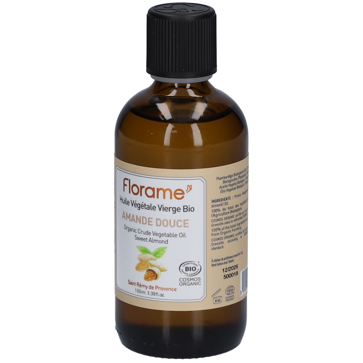 Flacon en verre brun avec bouchon noir. Étiquette avec nom du produit, label bio et autres informations.
