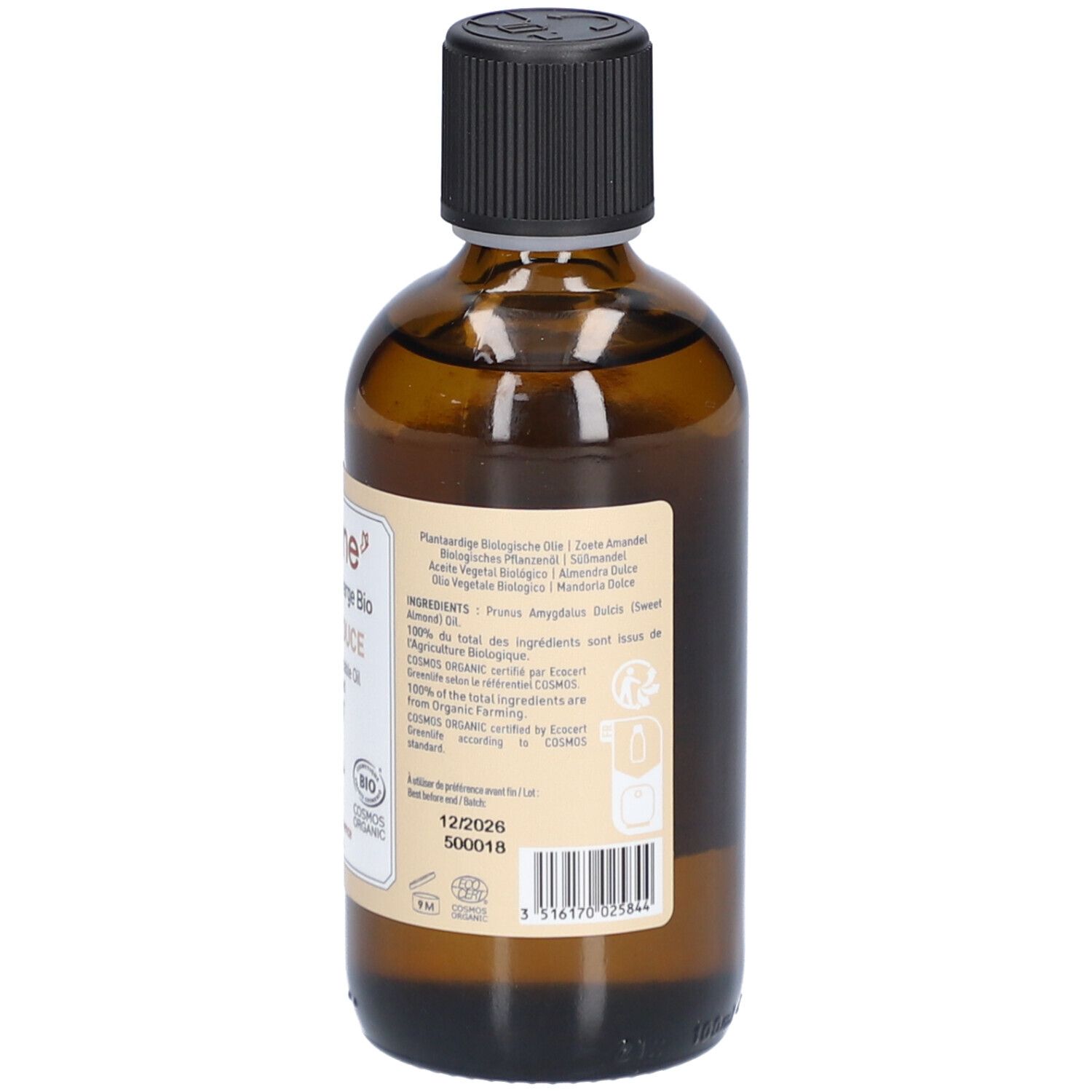 Vue arrière du flacon en verre brun. Étiquette avec informations sur le produit, ingrédients et label bio.