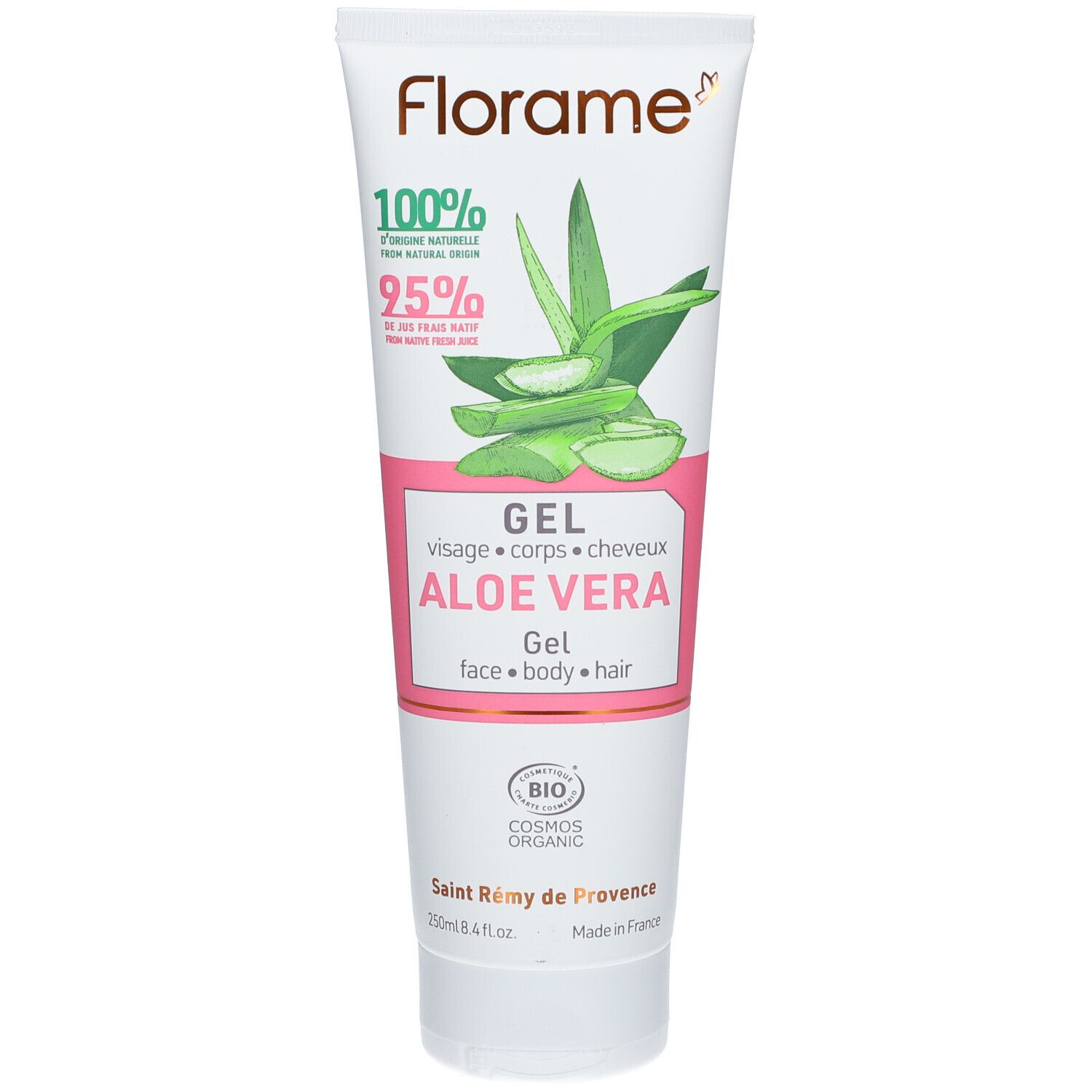 Weiße Tube mit rosa Akzenten. Aufschrift: Aloe Vera Gel, Bio-Zertifizierung, 100% natürliche Inhaltsstoffe.