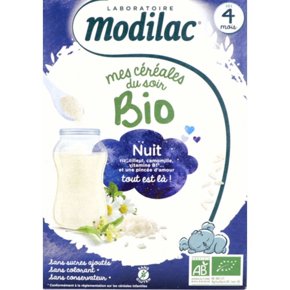 Modilac Mes Céréales du Soir Bio Nuit. Boîte de céréales pour bébés. Contient riz, camomille et vitamine B1. Certification bio.